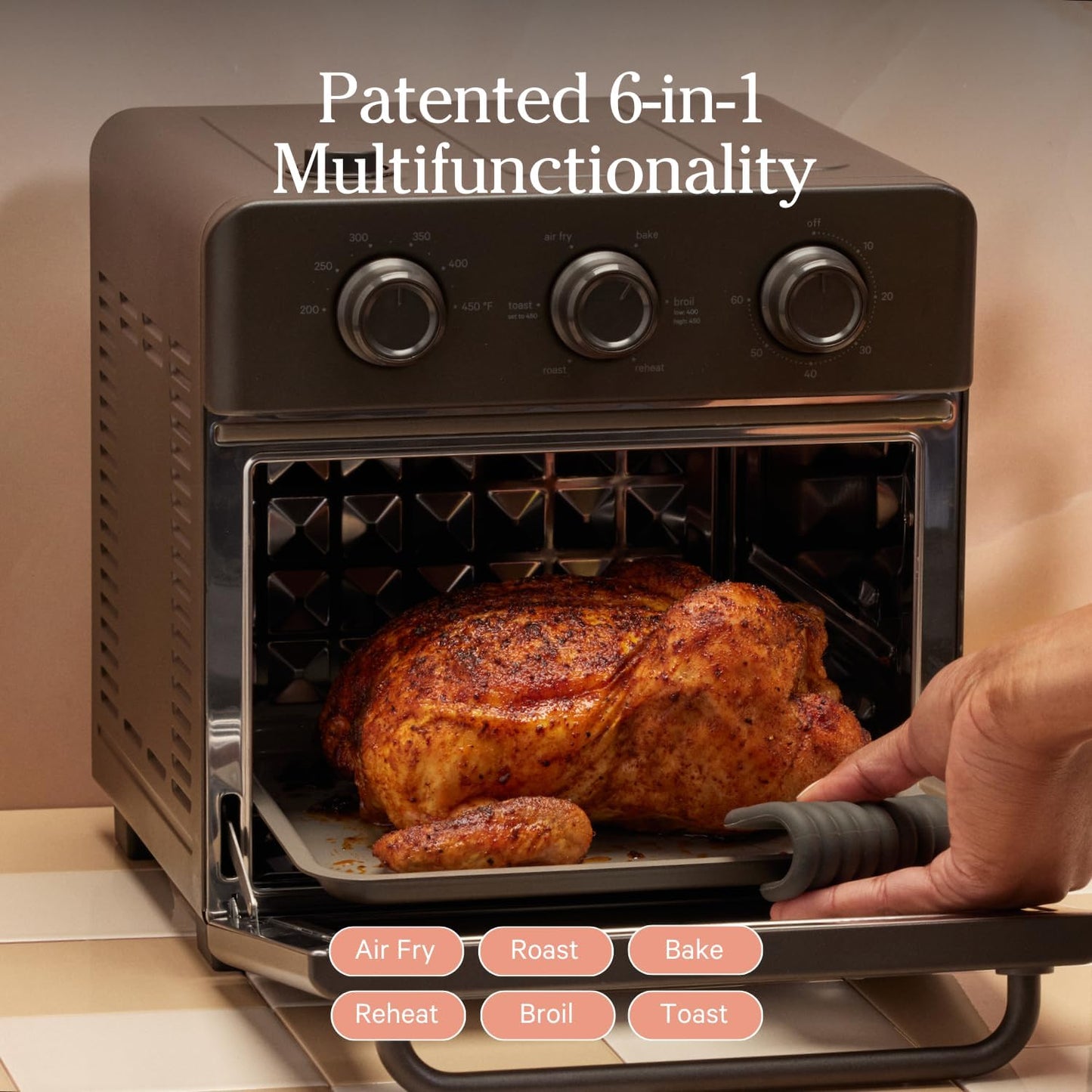 Our Place Wonder Oven | 6-in-1 Stainless Steel Air Fryer Toaster Oven Combo with Basket, Rack, Pan & Tray | Compact 13 QT Countertop Capacity - Toast, Roast, Bake, Reheat, Broil & Steam | Char