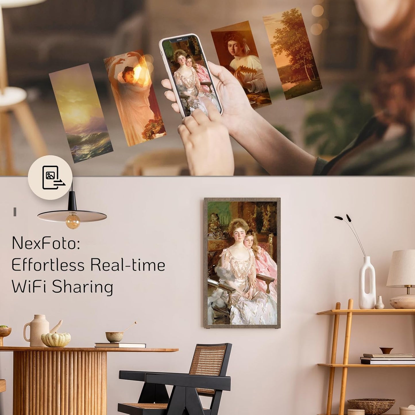 NexFoto 21.5 Inch Large Digital Picture Frame 32GB, WiFi Electronic Photo Frame with Remote Control, Wall-Mountable, Easy to Share Photos/Videos, Gifts for Mom Christmas, Dark Wood