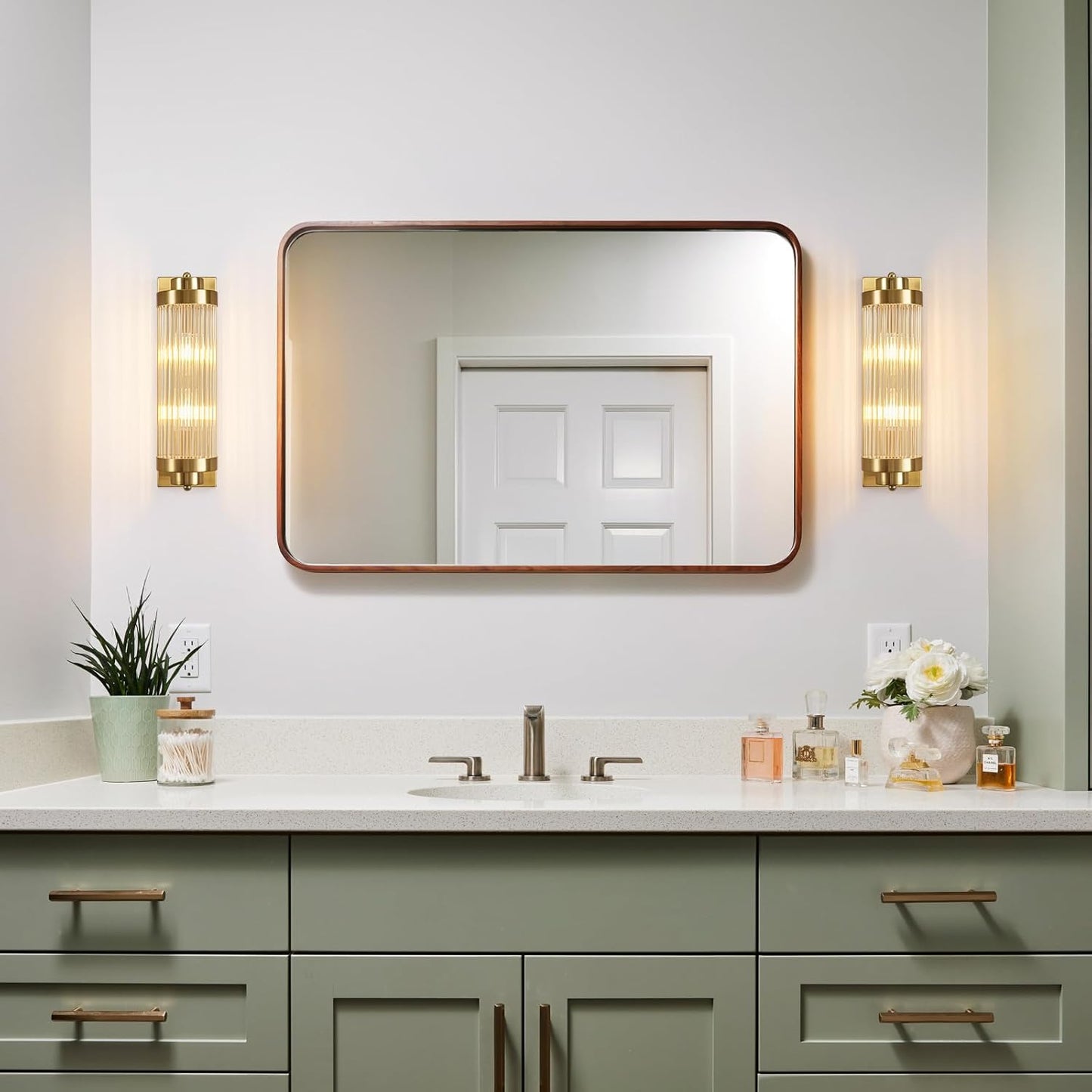 Gold Wall Sconces with Crystal Glass Strip Bathroom Sconces Modern Wall Lights for Bedroom Living Room Hallway Wall Light Fixtures, 2 Light E12 Base