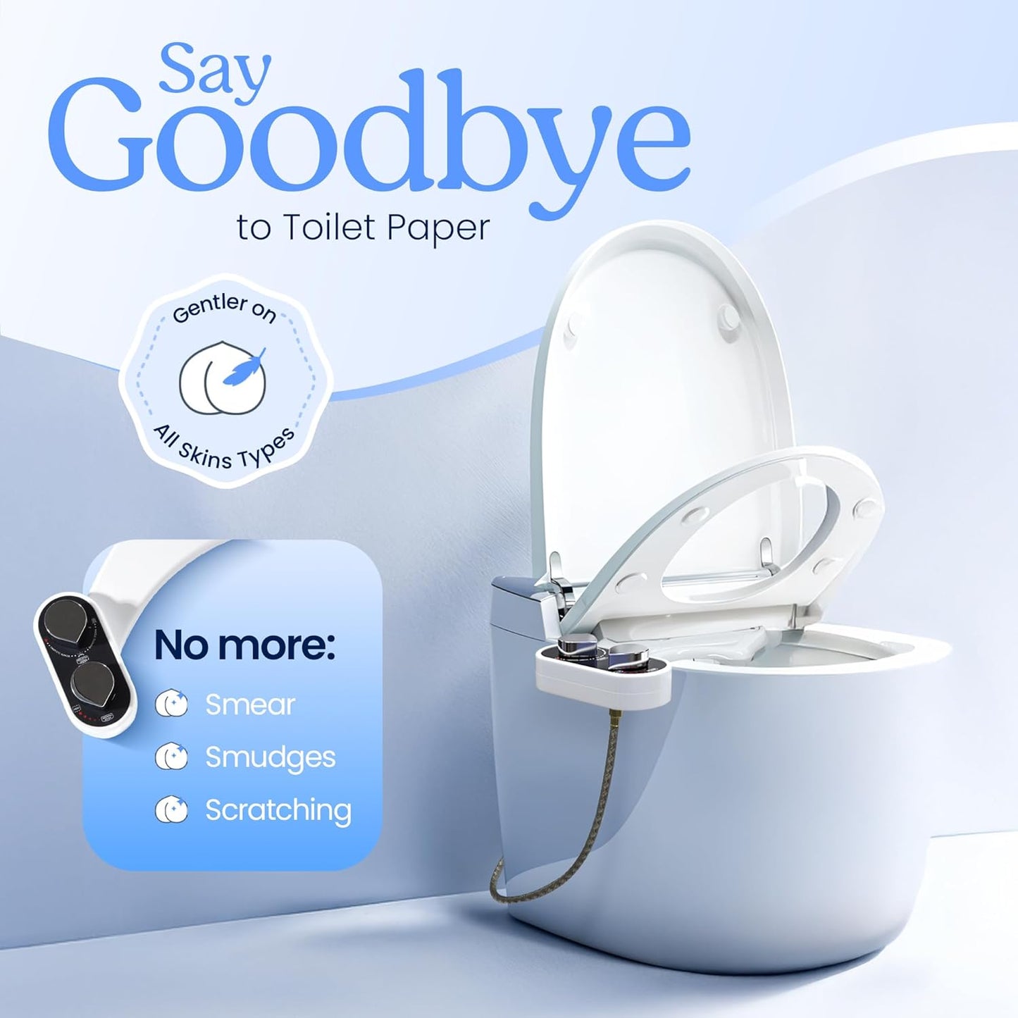 CLEAR REAR Bidet Attachment for Toilet Seat - Non-Electric, Self-Cleaning Dual Nozzle, Adjustable Water Pressure, Rear & Feminine Wash Hygienic Bathroom Upgrades - Fits Elongated Toilets (White)