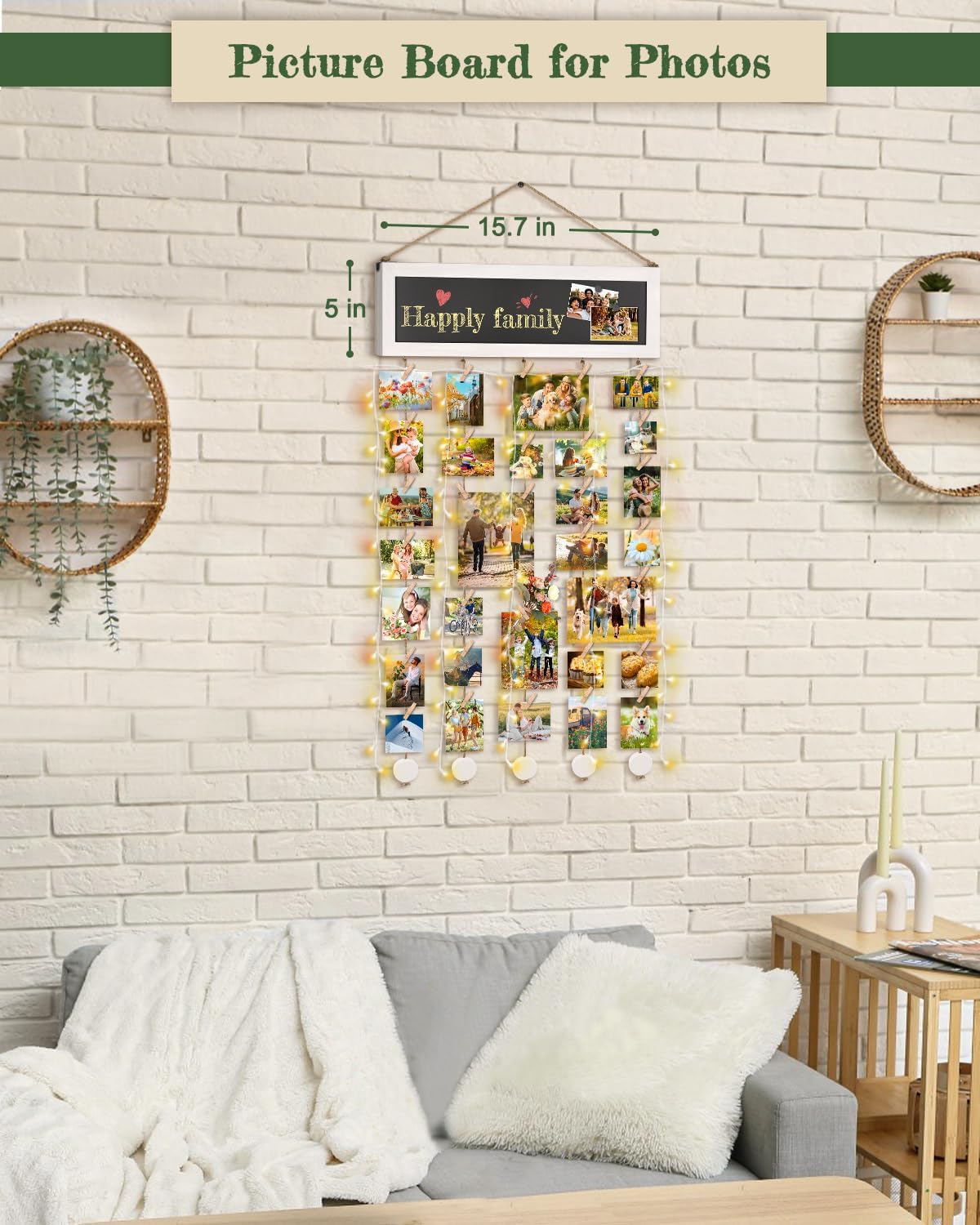 Bikoney Picture Frames Collage Wall Decor Photo Hanging Display Picture Board Wood Rustic Frames for Home Dorm Room Decor with Blackboard and 30 Clips White