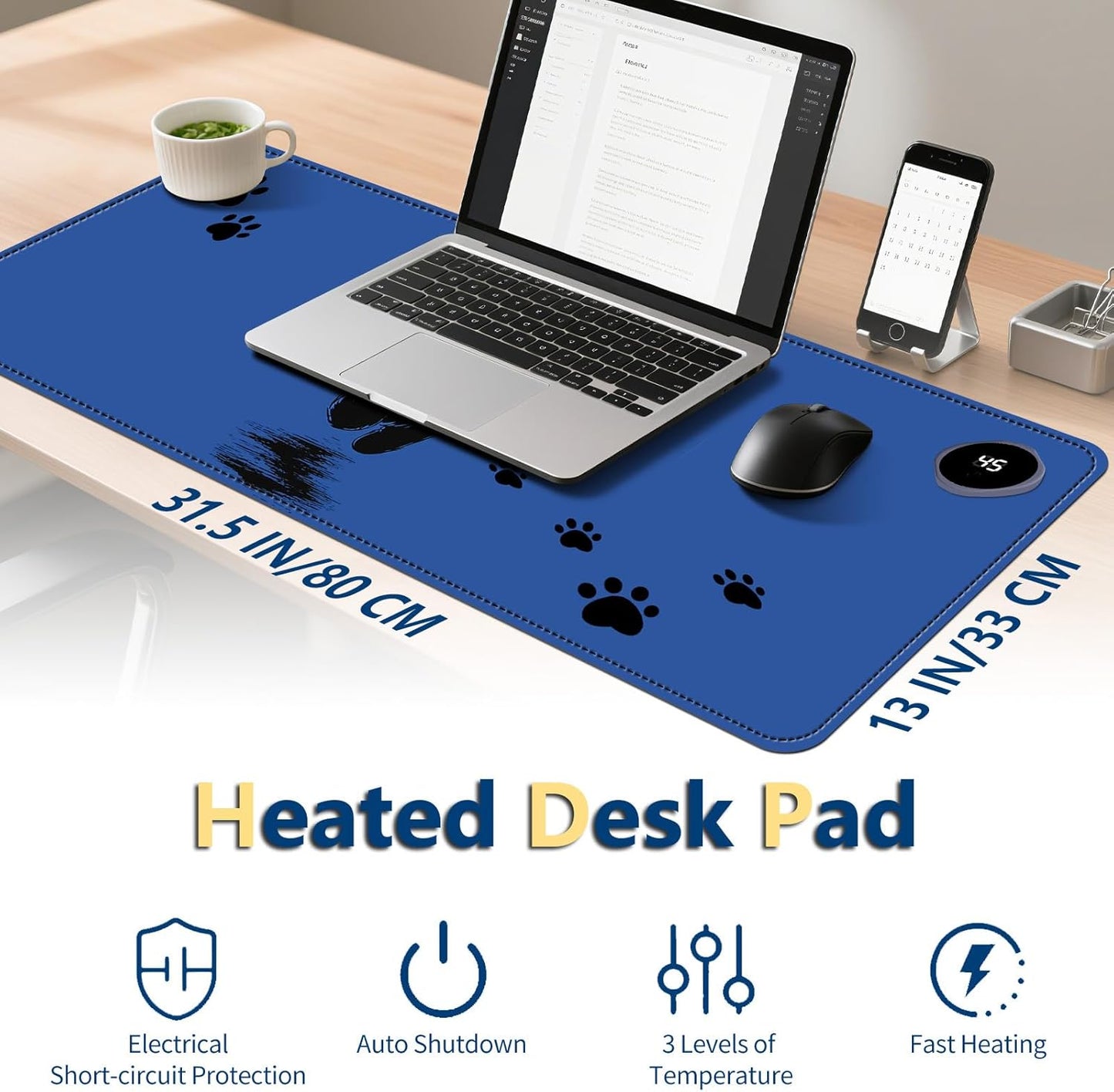 Heated Mouse Pad with 3 Temperature Settings(104°F–122°F),Large 31.5x13 Inch PU Leather Heated Desk Mat,Waterproof Warming Pad for Office,Gaming & Cold Hands Relief,Cute Black Cat