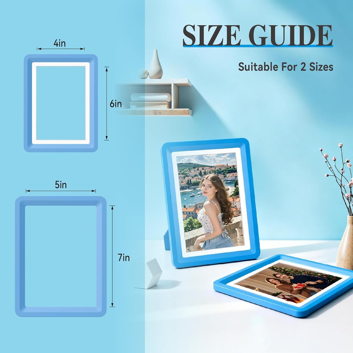 Blue 5x7 Picture Frame with Acrylic Front 4 Pack, ABS Frame for 5x7 or 4x9 Photos, Shatterproof UV-Resistant Tabletop Photo Frame, Vertical/Horizontal Display for Home Décor