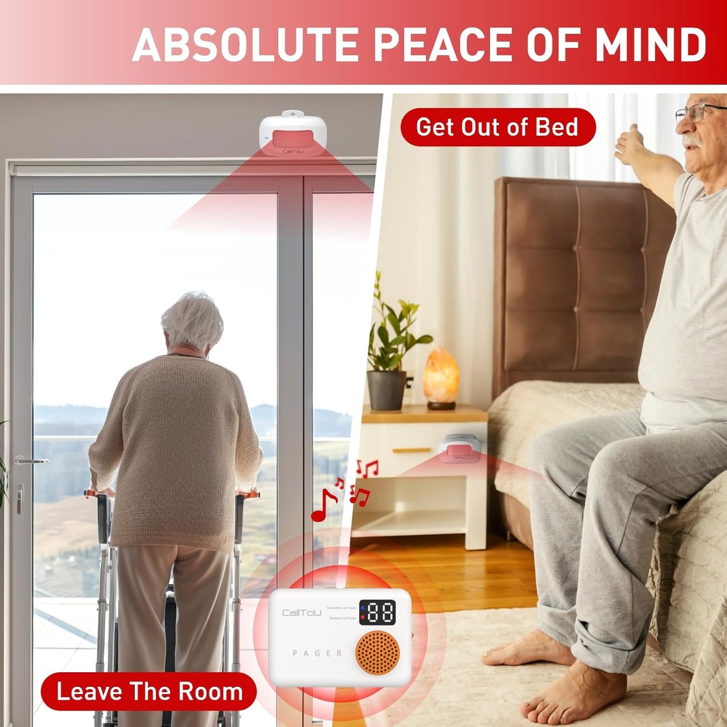 CallToU Bed Alarm and Fall Prevention for Elderly/Dementia/Patients Wireless Caregiver Pager Motion Sensor Detector Alert Bed Alarm for Elderly Adults with Vibration Digital Display Low Battery Remind