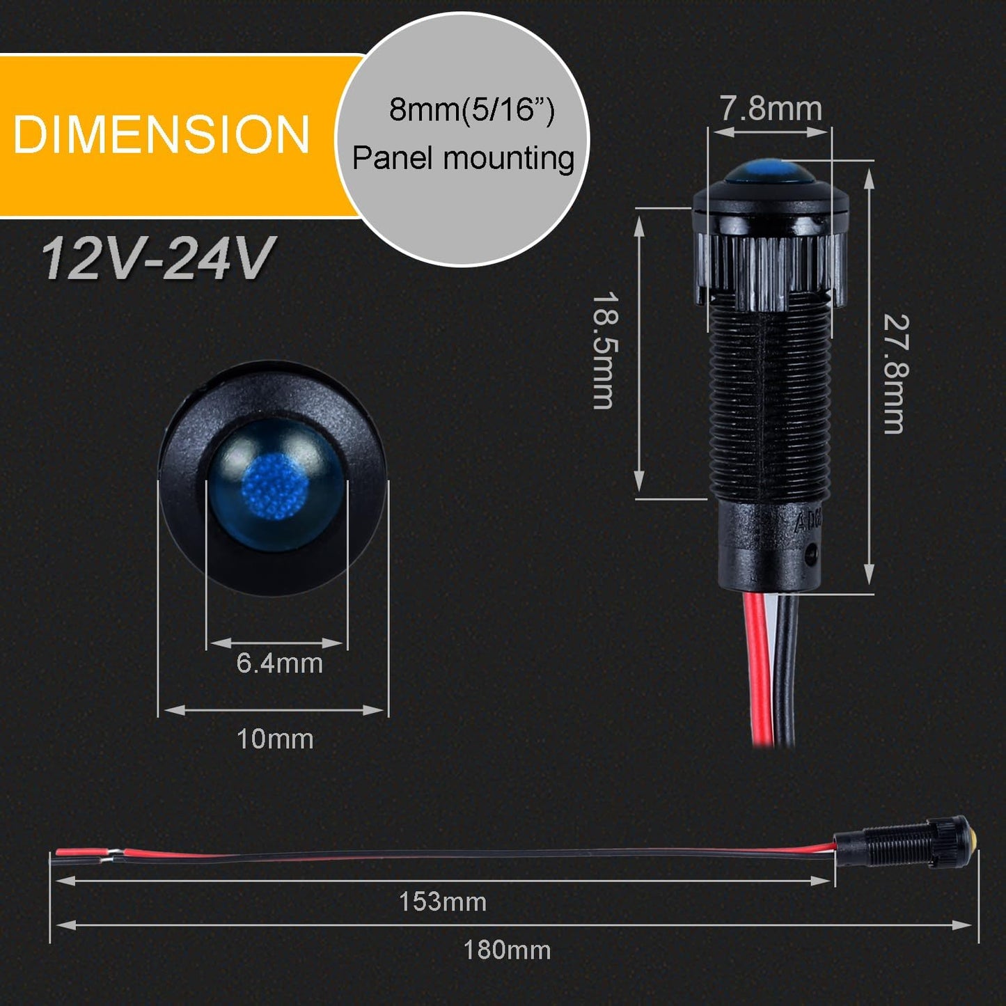 5pcs 8mm LED Indicator Light Plastic Black Signal Dot Lamp 12V-24V 5/16" Mounting Hole Size with 15cm/5.9in. Wire (Blue LED)