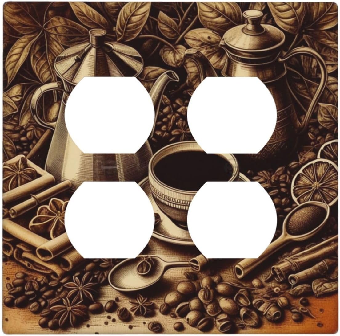 Decorative Outlet Covers Vintage Coffee Beans Leaf Cup 2 Gang Wall Plate Cover Double Duplex Receptacle Two Switch Light Switch Cover Plate Jumbo Dual Faceplate