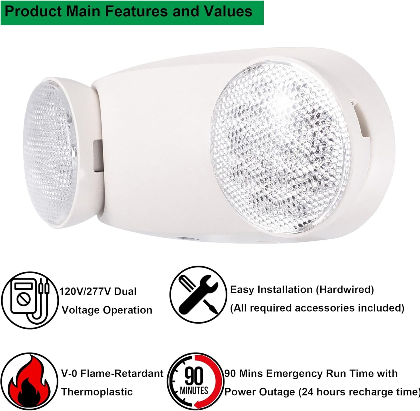 GRUENLICH LED Emergency Light, Exit Lighting Fixtures with 2 LED Bug Eye Heads and Back Up Batteries, UL 924 Qualified, 120/277 Voltage, 1-Pack
