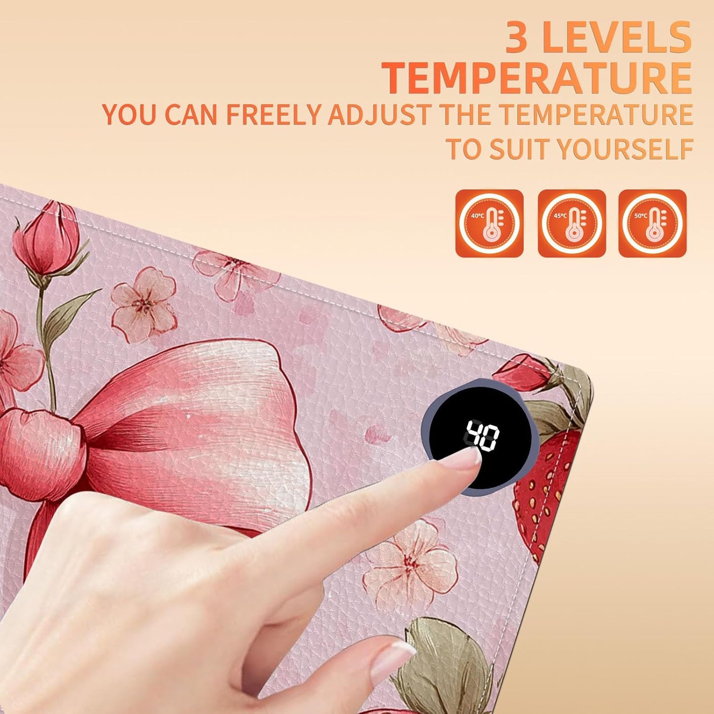 Heated Mouse Pad 23.6 x 14 in 3-Temp Fast Heating Desk Mat with Auto Timer Warmer for Hands Wrist Pain Relief Waterproof Keyboard Mat for Office, Gaming, Home, Pink Bow Floral