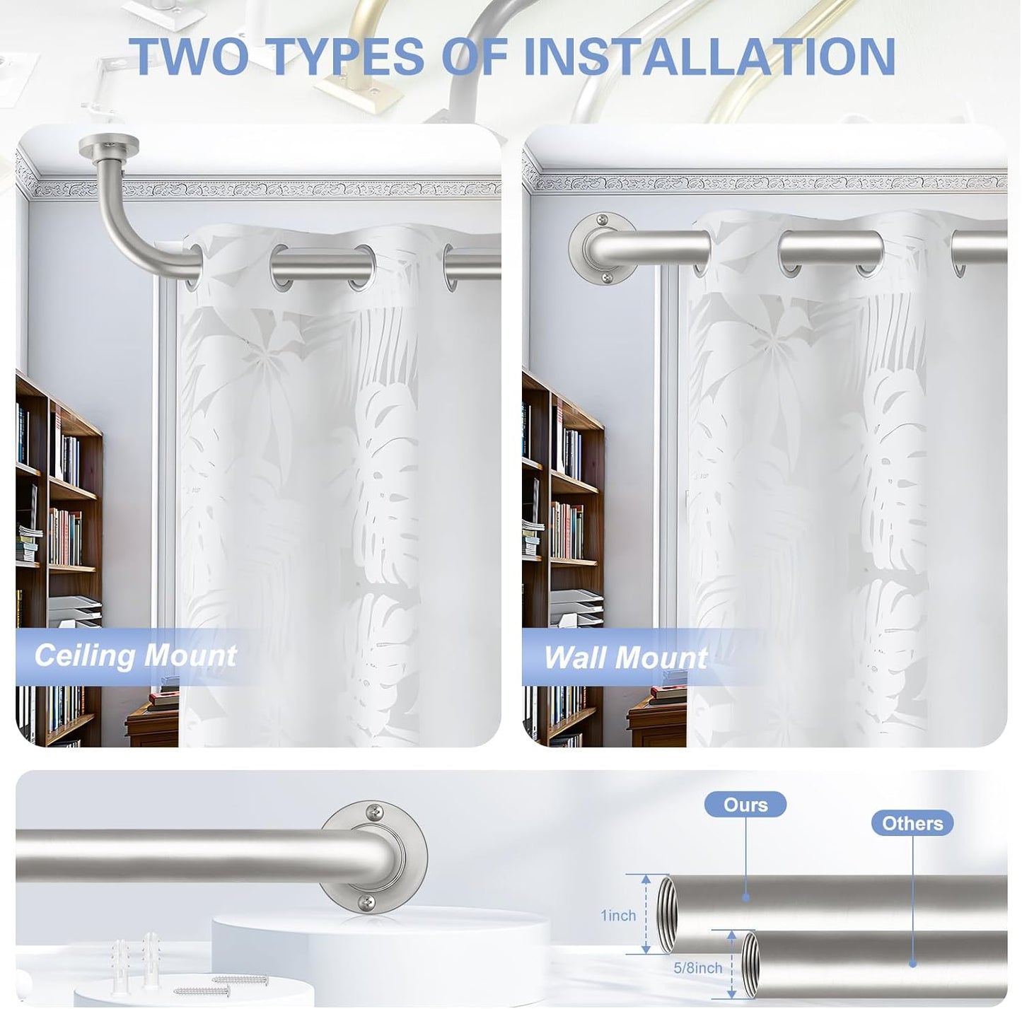 Nickel Wrap Around Curtain Rods 28 to 60 In:Blackout Heavy duty Adjustable Window Curtain Rod for Bedroom,Industrial Darkening Curved French Metal Single Drapery Rods Easy Install,Satin Nickel