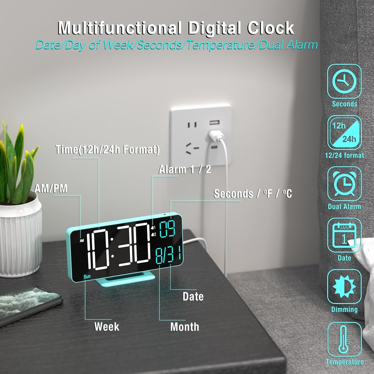 KOSUMOSU Digital Alarm Clock, 6.7in Digital Clock for Bedroom, Auto Dimming, Room Temperature, Day of The Week, Seconds, Date, Desk Clocks for Living Room, Alarm Clocks for Bedrooms