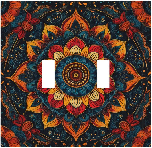 Boho Colorful Mandala 2 Gang Double Toggle Light Switch Cover Decorative Switchplate Electrical Wall Plates Faceplate for Bathroom Bedroom Decor 4.9 X 5 IN