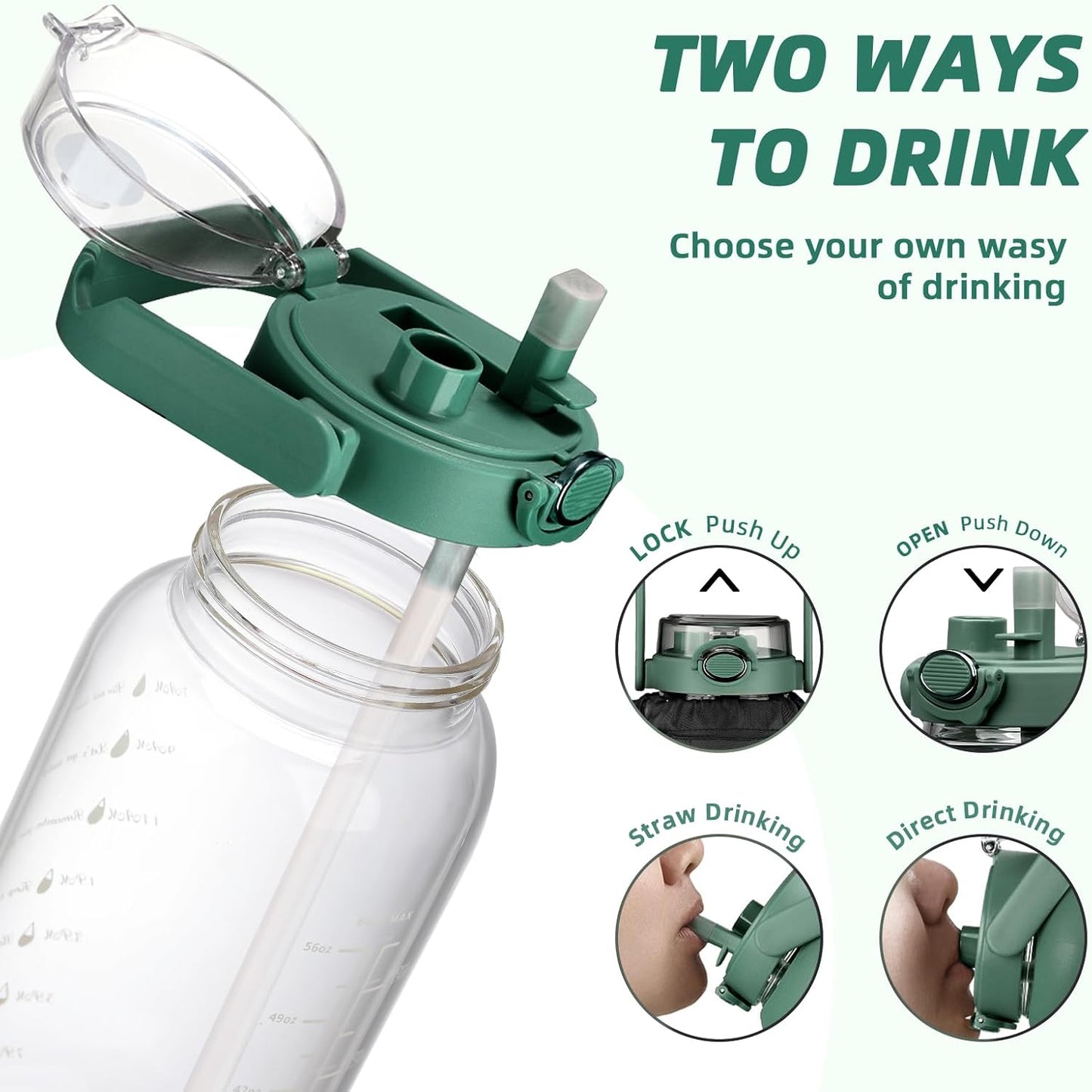 64oz Glass Water Bottle with Straw and Sleeve Half Gallon Motivational Water Bottle with Time Marke and Strap 2L Leakproof Borosilicate Reusable Water Jug for Gym Outdoors