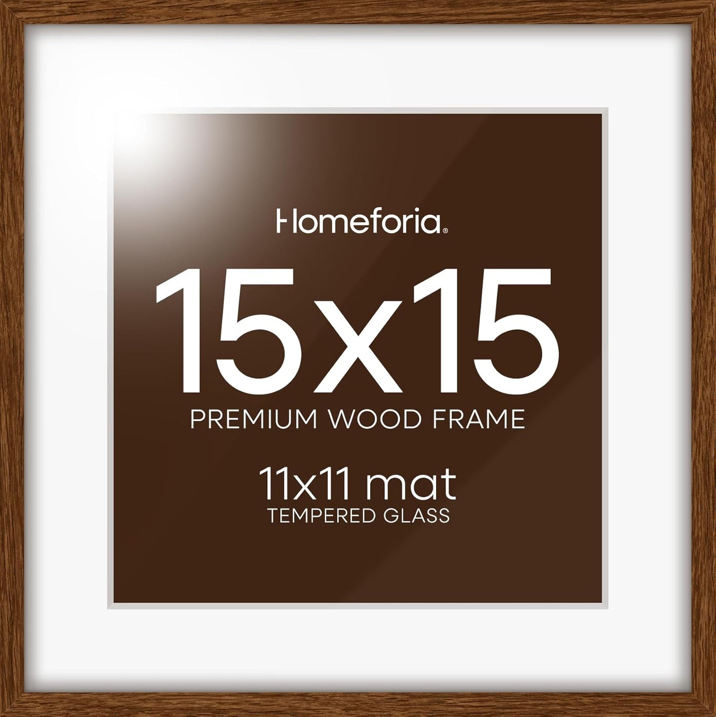 Homeforia 15x15 Picture Frame Brown, High End Dark Oak 15 x 15 Square Wood Frame with Mat 11 x 11 for Photo, 15by15 Wooden Walnut Poster Frame Matted to 11x11 Print, Tempered Glass, Wall Kit, Set of 1