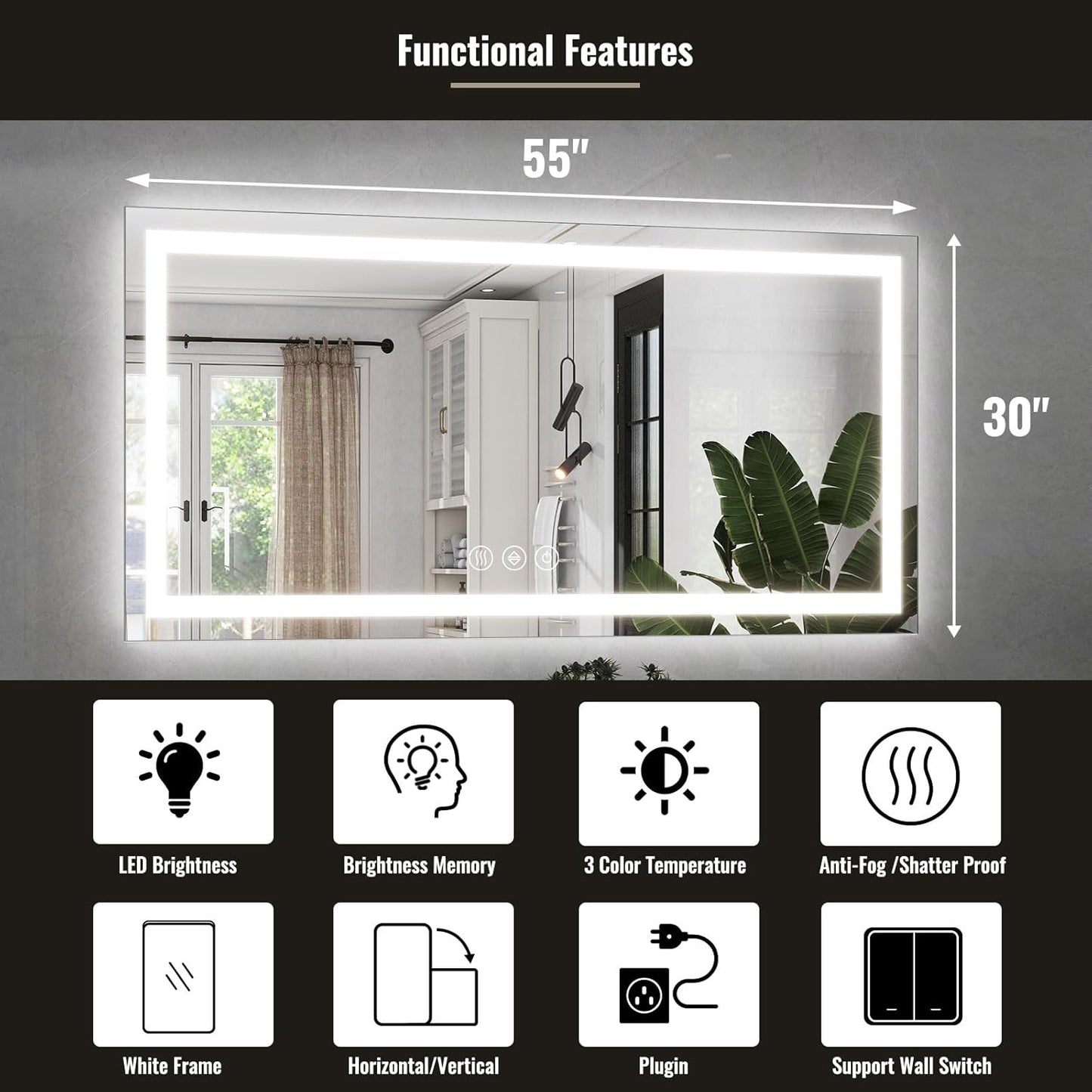 LED Bathroom Mirror, 30x55 Inch White Framed Gradient Front and Backlit Vanity Mirror, Anti-Fog, Dimmable, Wall Mounted Horizontal/Vertical Lighted Mirror