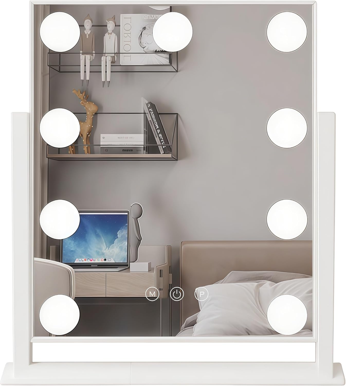 Lighted Vanity Mirror with 9 LED Lights, Detachable 10x Magnifying Mirror, 3-Color dimmable Hollywood Makeup Mirror, Smart Touch Control, Metal Frame, 360-degree Rotation, White/Black (White)