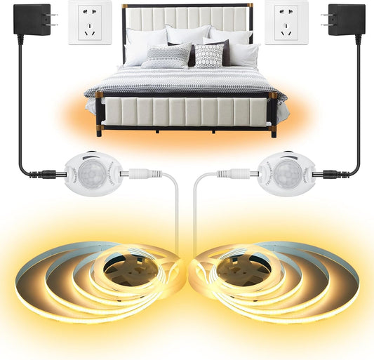 Motion Activated COB LED Strip Bed Lights, 2 x 6.56Ft Warm White COB LED Strip Motion Sensor Under Bed Lights,12V Dimmable Motion Sensor Night Light Strip Indoor for Under Cabinet Closet Stair