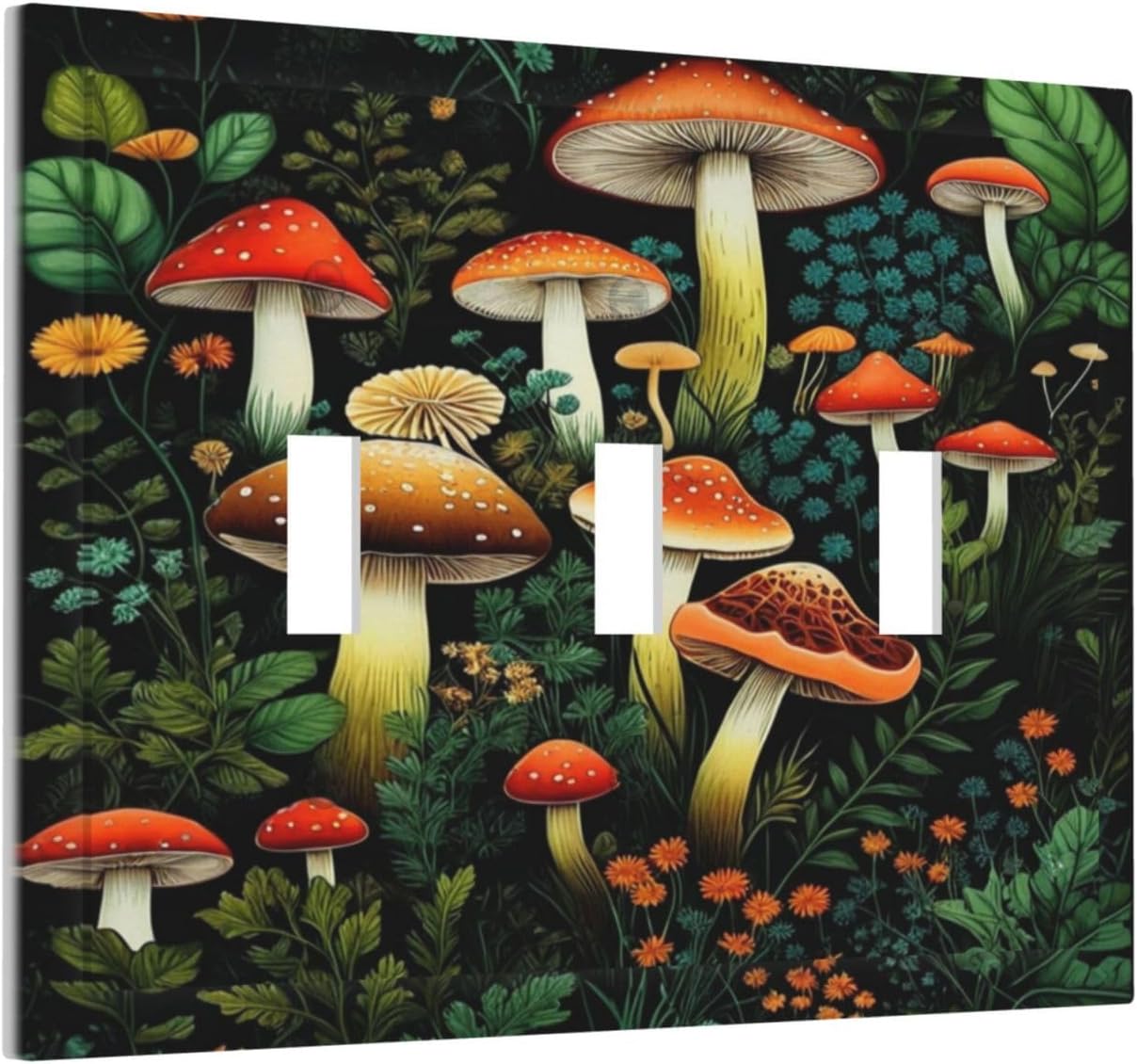 Decorative Light Switch Plate Covers Boho Red Mushroom Green Leaf Plants Floral 3 Gang Wall Plate Switch Cover Plate Triple Toggle Jumbo Electrical Faceplate for Bedroom Home Decor