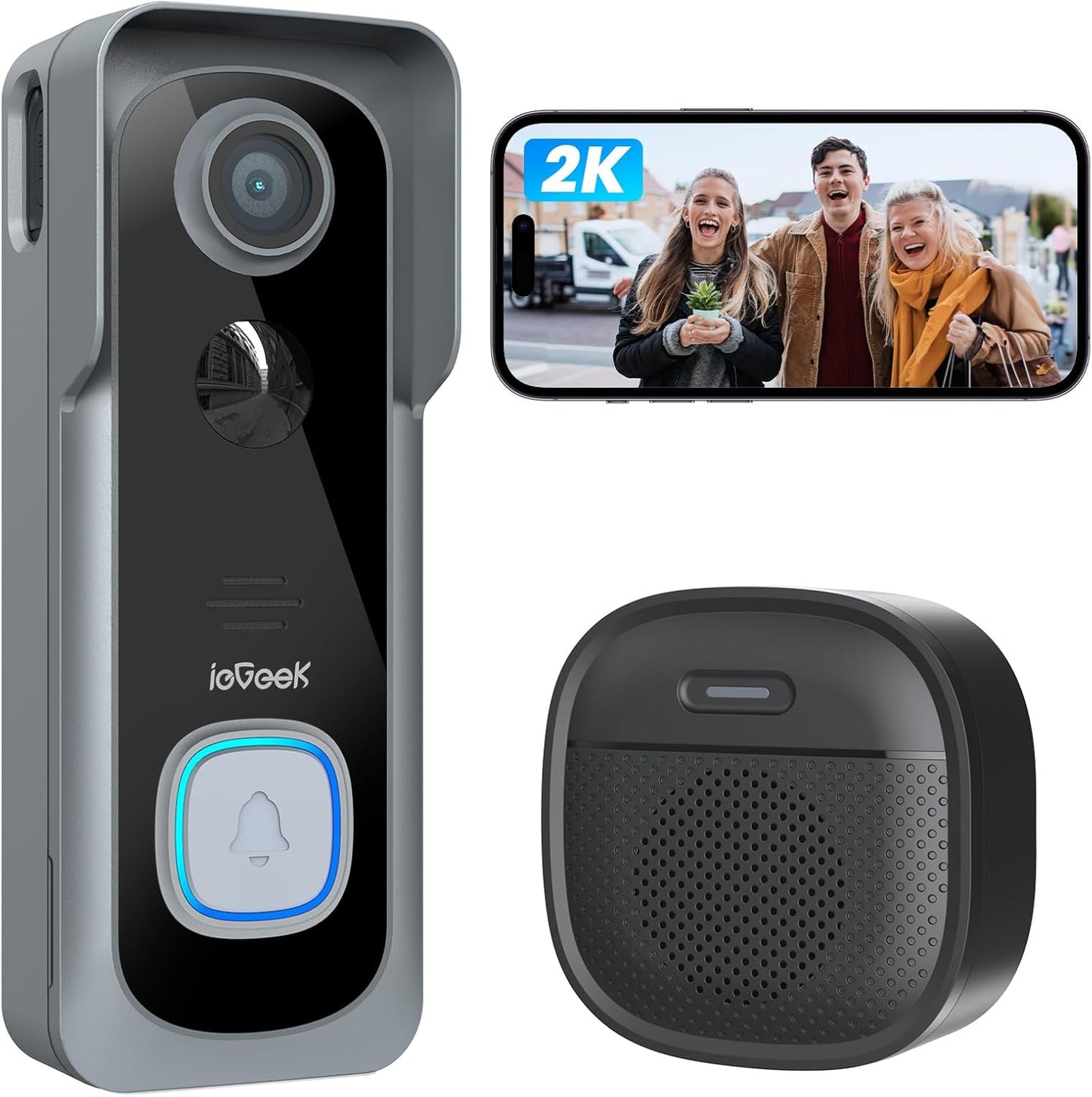 ieGeek Doorbell Camera Wireless No Subscription, 2K 3MP HD View, 2-Way Talk, PIR Motion Detection, Wireless Video Doorbell with Chime, Only Supports 2.4GHz WiFi, Local & Cloud Storage, Grey