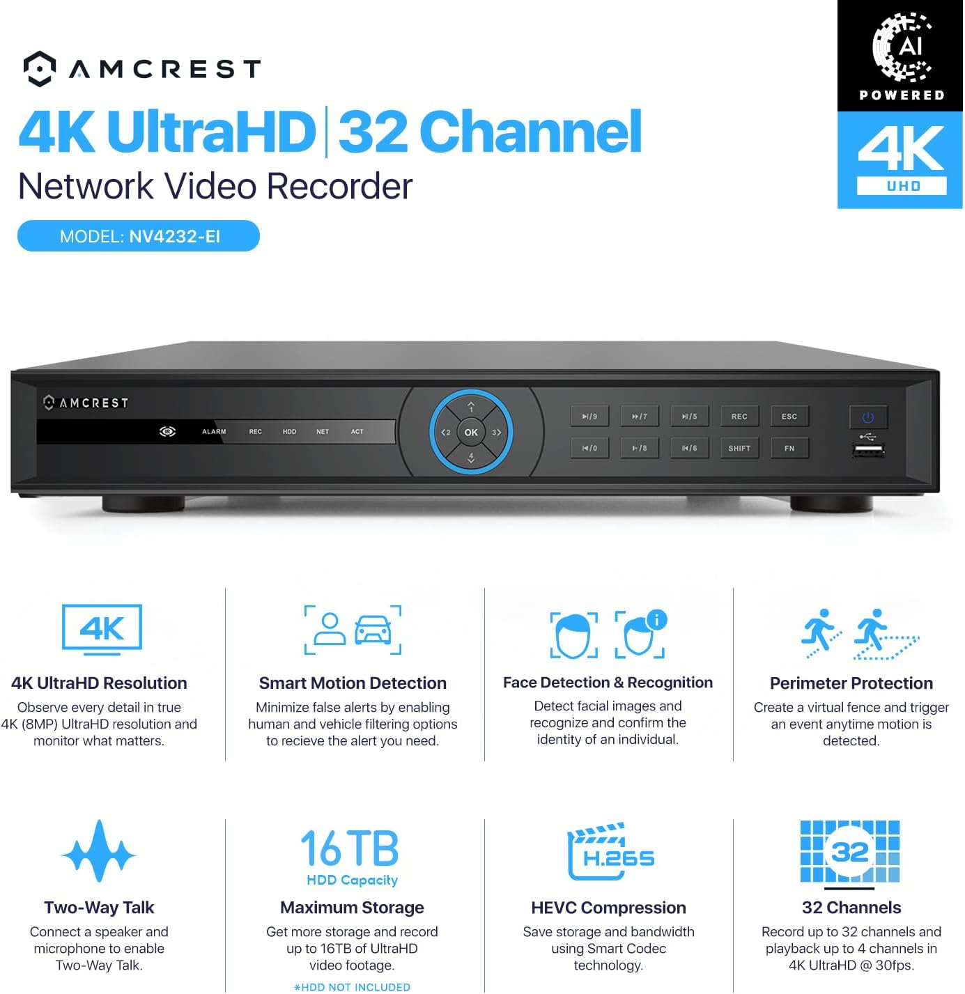 Amcrest 4K NV4232-EI 32CH AI NVR, Smart NVR, Facial Recognition, Facial Detection & Vehicle Detection - Supports 32 x 4K IP Cameras, Supports 2 x 16TB HDD (Not Included) (No PoE Ports Included)