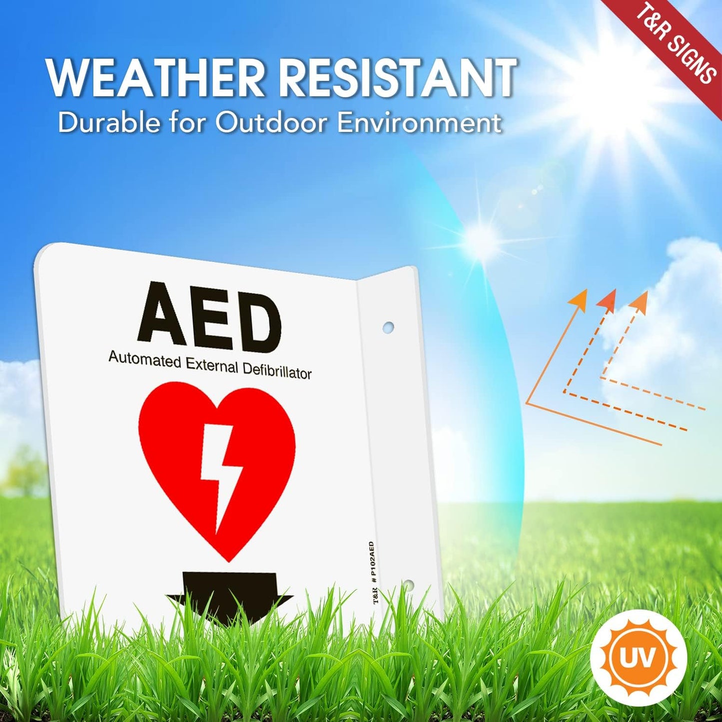 T&R AED Sign, Automated External Defibrillator with Down Arrow - 8 Pack - 6 x 6 Inches Acrylic, 2 pre-drilled holes, Includes Matching Screws, Use for Office/Business