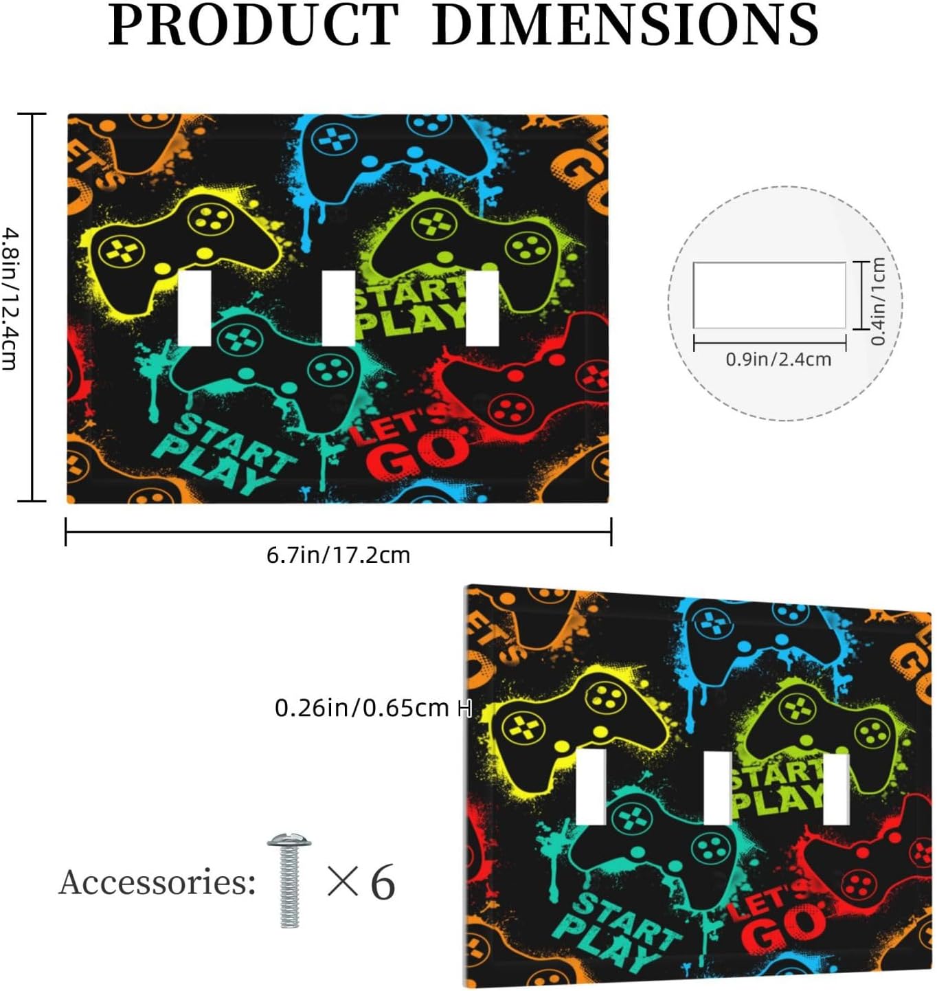 Decorative Light Switch Plate Covers Gamepad Theme Graffiti 3 Gang Light Switch Cover Triple Toggle Wall Plate Outlet Covers for Game Room Bedroom Home Decor