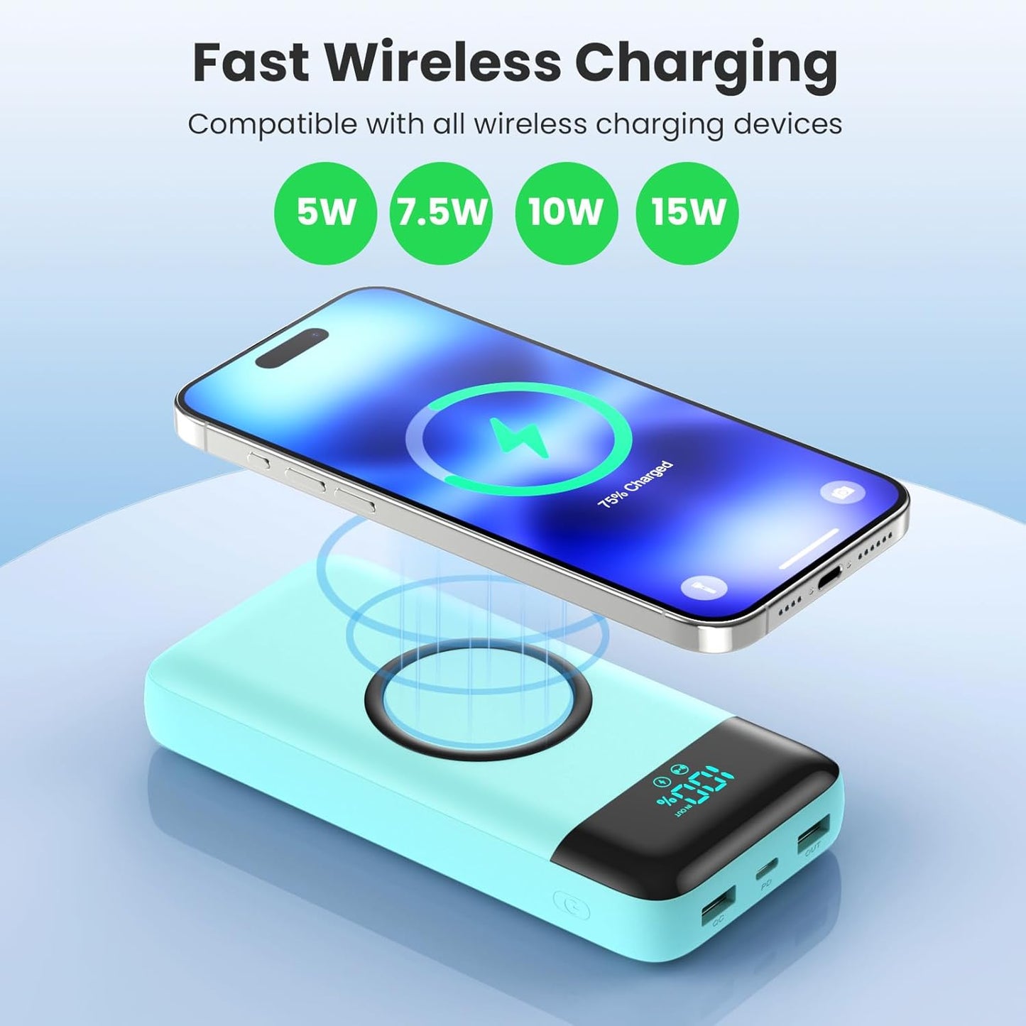Wireless Portable Charger 40800mAh with 3 Built-in Cables,7-in-1 15W Wireless Charging Power Bank,25W PD QC 4.0 Fast Charging USB C LCD Display Battery Pack for iPhone 16/15/13,Samsung,Android-Green