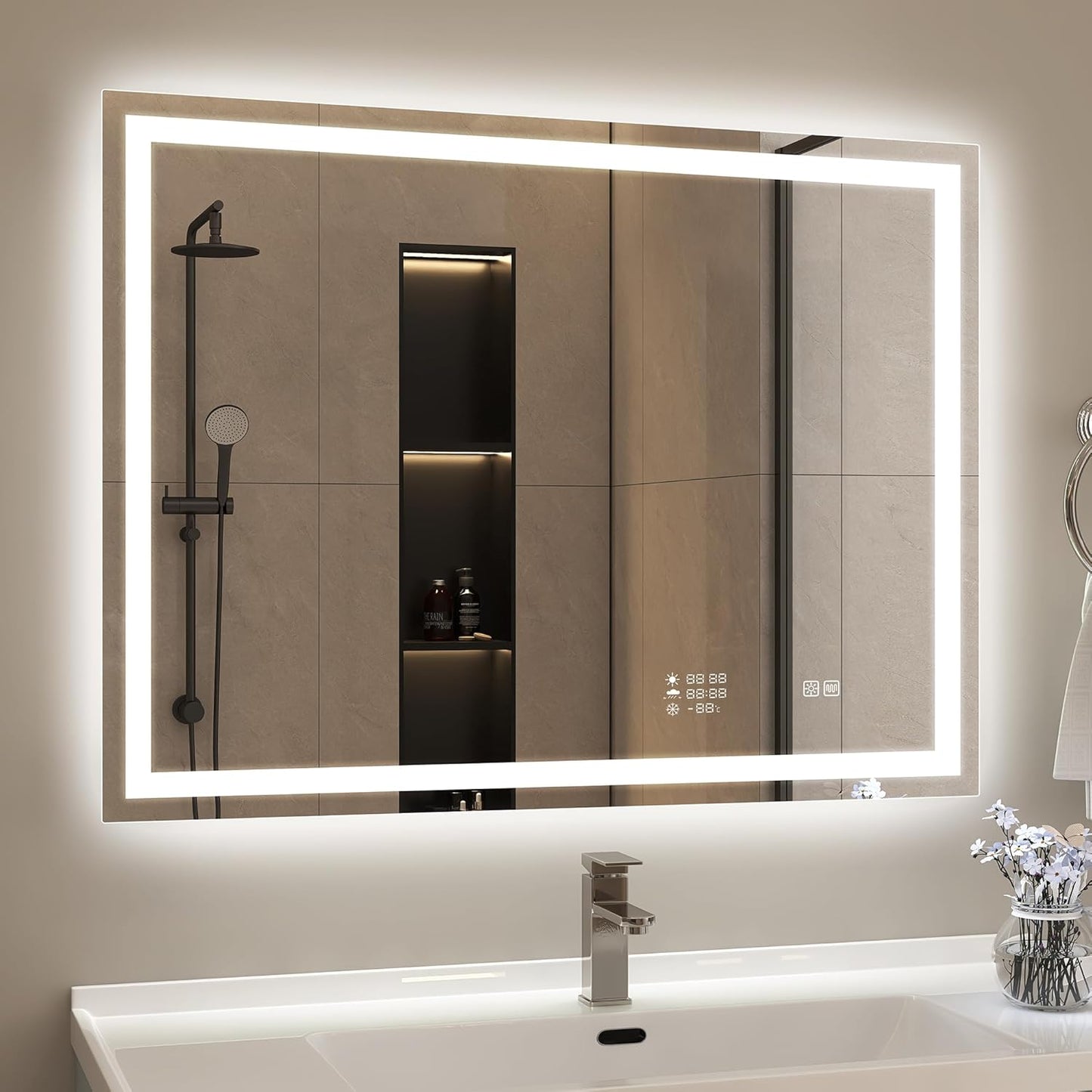 STARLEAD 24"x32" LED-Bathroom-Mirror-with-Lights, Wall-Mounted with Clock, Anti-Fog, 3 Color Temperature, Dimmable Brightness, Waterproof, Tempered Glass, Frontlit & Backlit