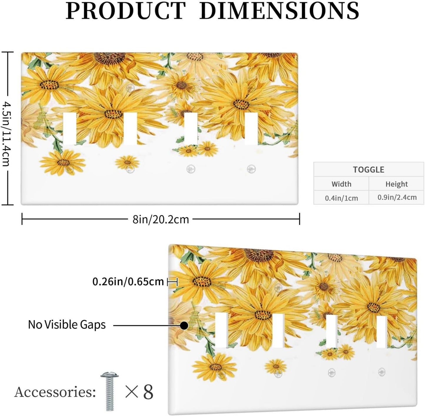 Sunflower Yellow Flowers Floral Light Switch Covers Quad Toggle Electrical Faceplate 4 Gang Wall Plate Decorative Switch Plates for Bed Room Living Room Decor