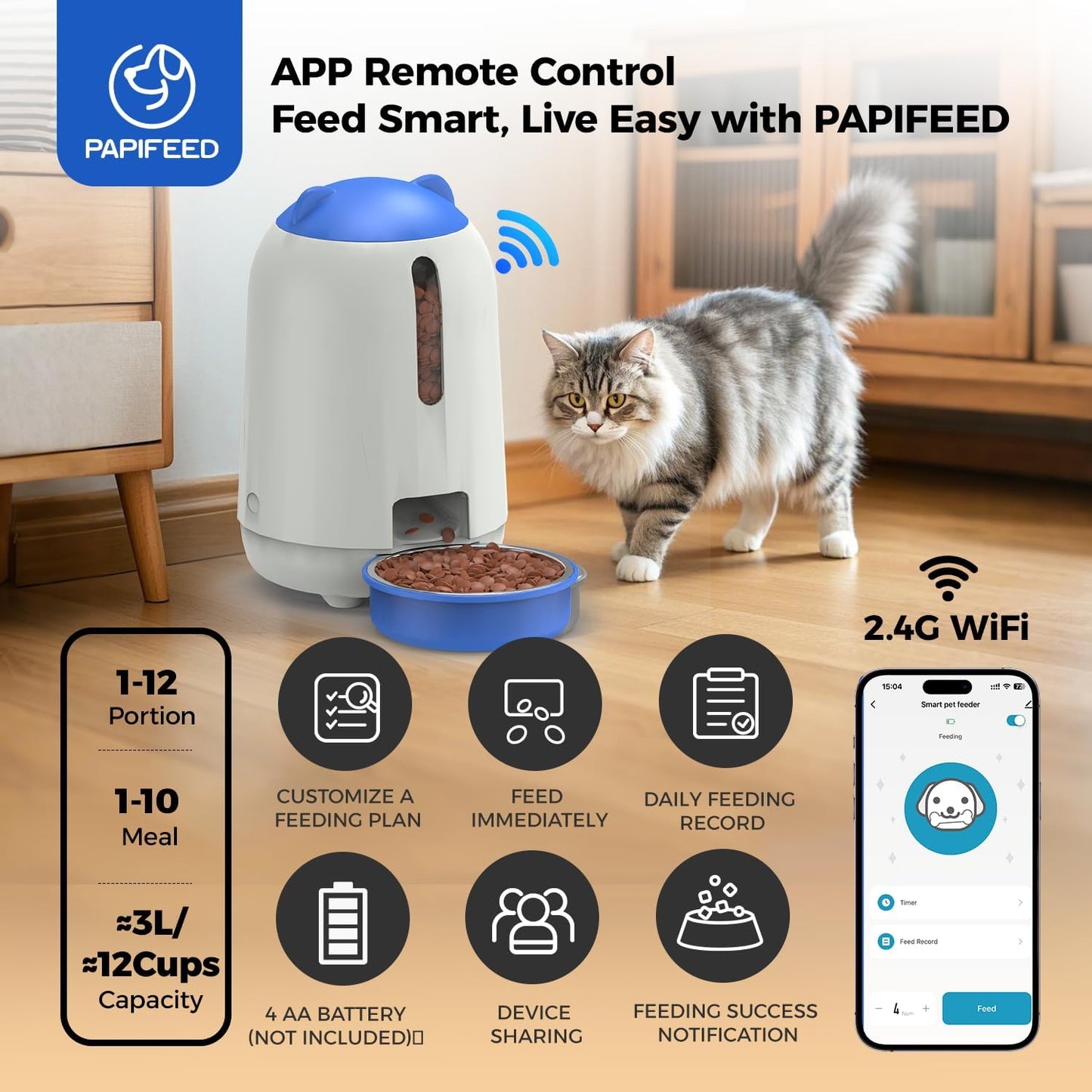 PAPIFEED Automatic Cat Feeder, 2.4G WiFi Auto Cat Food Dispenser with App Control, 3L Auto Pet Feeder with Dual Power Supply, Detachable for Easy Clean for Cats and Small Dogs, Blue