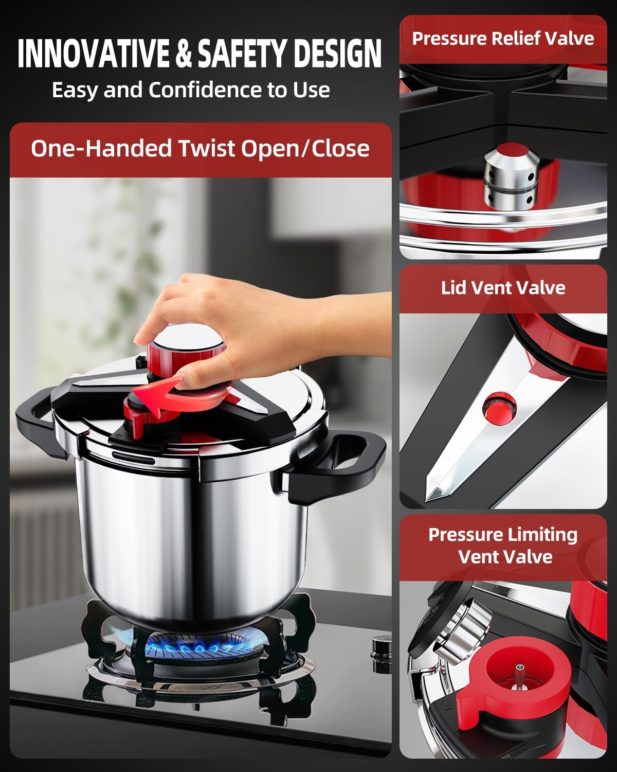 3-In-1 304 Stainless Steel Pressure Cooker 5.2 QT: [Explosion-Proof] [3 PSI Settings], One-Hand Locking, Induction Compatible, Glass Lid & Steamer Rack Included, Olla de Presion