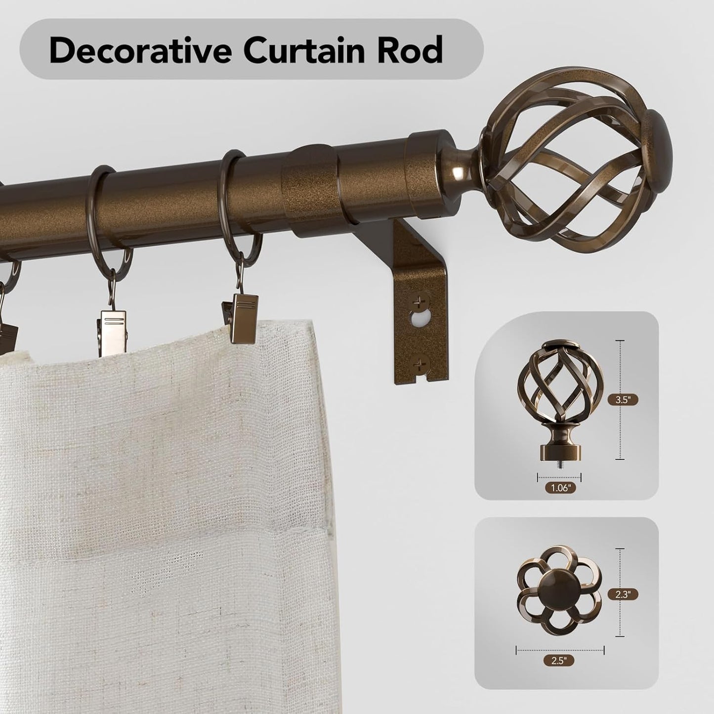 Curtain Rods for Windows 48 to 84, 1 Inch Adjustable Decorative Bronze Curtain Rod with Twisted Cage End, Modern Heavy Duty Drapery Rods for Bedroom, Telescoping Splicing Structure, Size 32"-90"