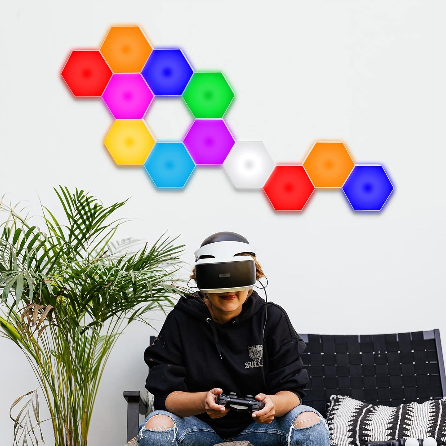 Hexagon Lights, Smart LED Wall Lights with Remote, 13 Colors Touch-Sensitive DIY Modular Assembled RGB Wall Panels, Hex Light with USB-Power for Autism, Game Room Decor, Party (6-Pack)