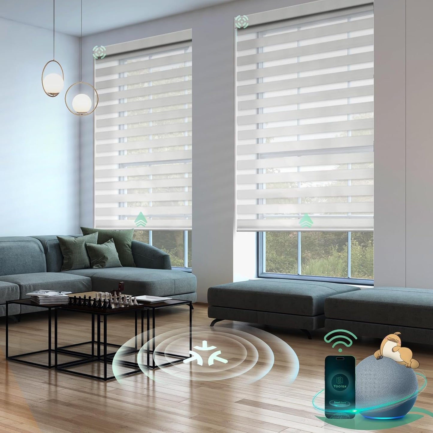 Yoolax Motorized Matter Zebra Blinds Compatible with Alexa, Google Home, Apple HomeKit, Light Filtering Dual Layer Sheer Blinds, Privacy Light Control Horizontal Window Blind (80% White)
