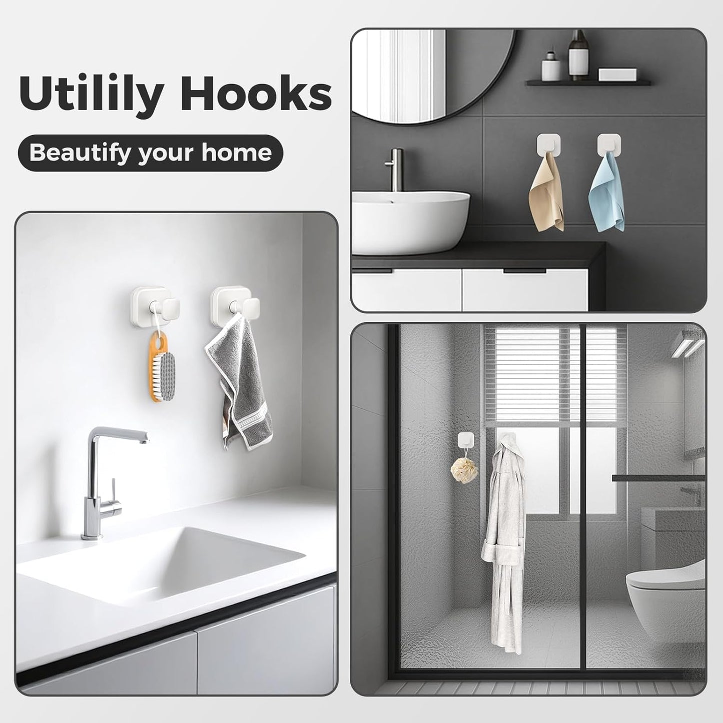 Shower Hooks for Inside Shower,Reusable Suction Cup Hooks for Glass Window,Mirror,Removable Towel Hooks for Bathroom,4 Pack(White)