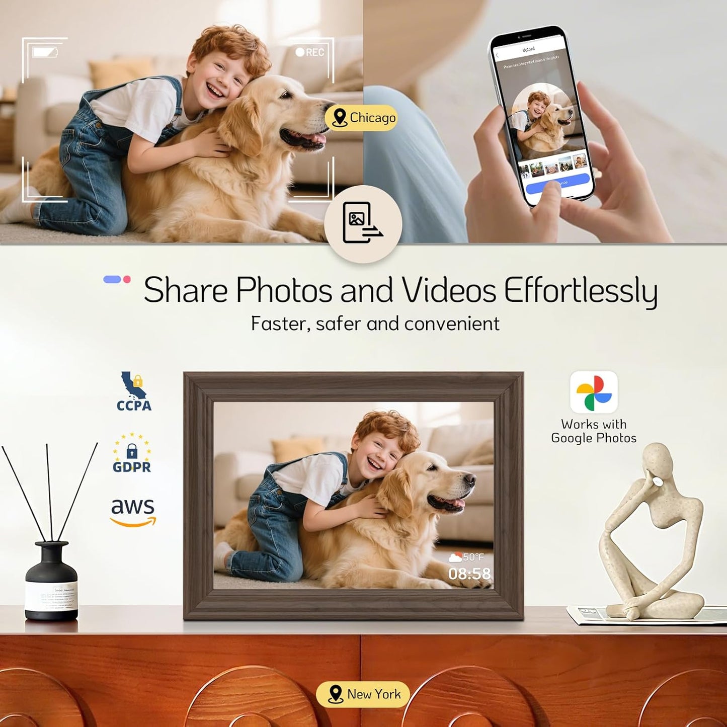 NexFoto 13.5" Touchscreen Digital Picture Frame 3K Resolution, WiFi Electronic Photo Frame 64GB, Add Pics from Google Photos, Share Photos/Videos via App/USB, Gifts for Mom Christmas, Walnut