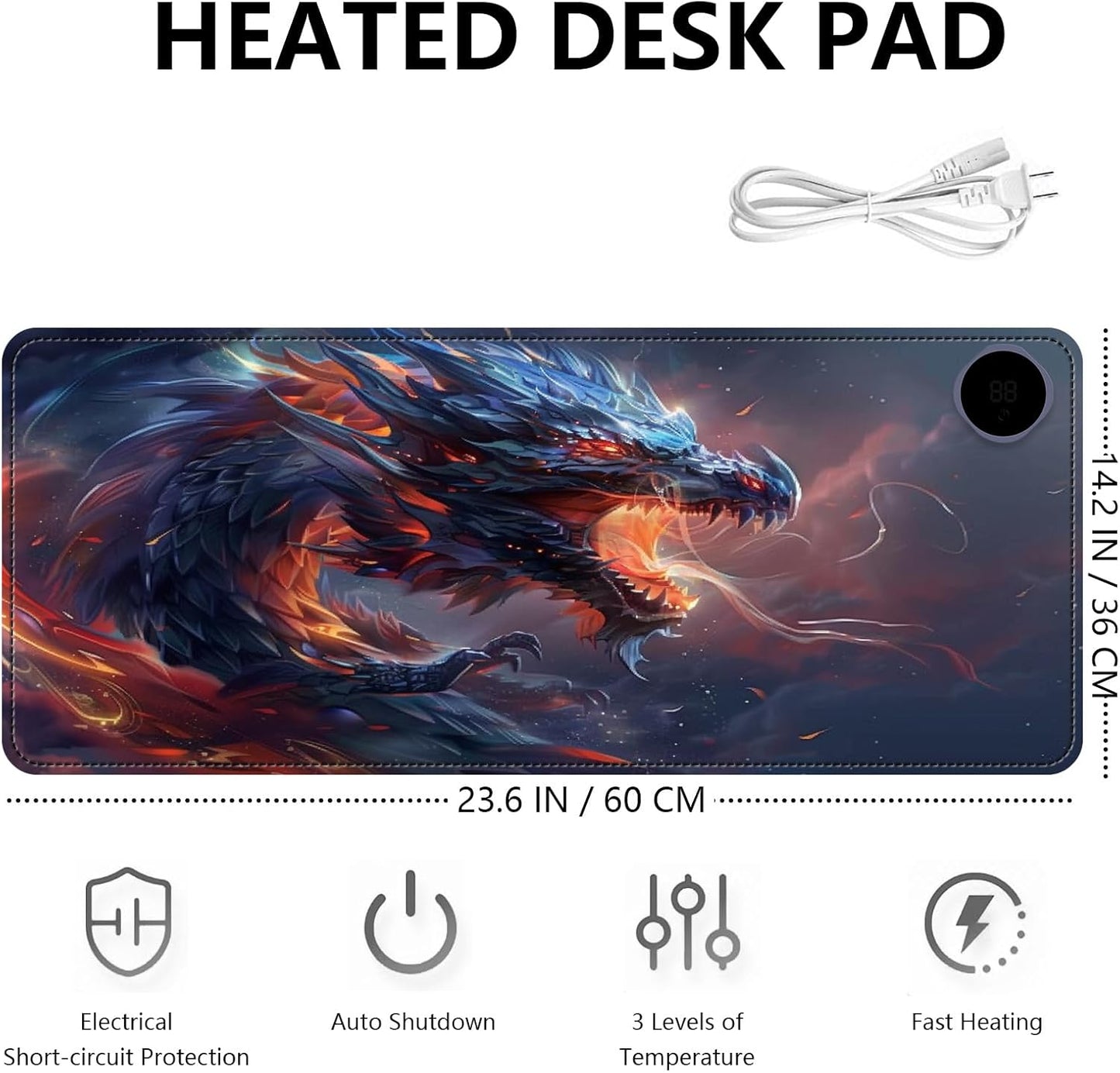 Heated Mouse Pad with 3 Levels Heated & 3 Hours Auto Shut-Off Mouse Pad for Warming Hands in Office Home, 23.6" x 14.2"Large Safe Desk Mat Hand Warmer，Watercolor Dragon