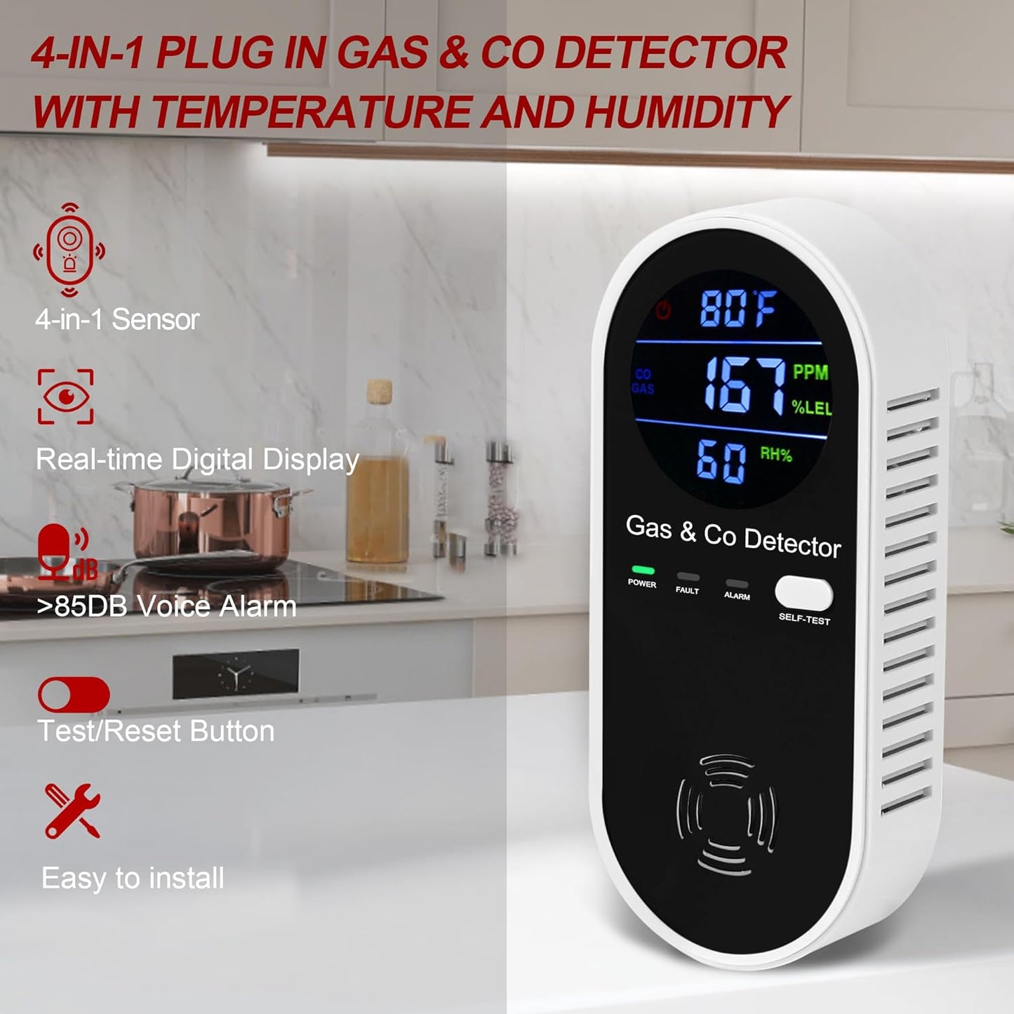 Natural Gas & Carbon Monoxide Detector, Plug in Carbon Monoxide Alarm,Natural Gas Detector,Propane,Methane,4-in-1 Combustible Gas & CO Detector with Fahrenheit(°F) & Humidity for Home,RV,Apartment