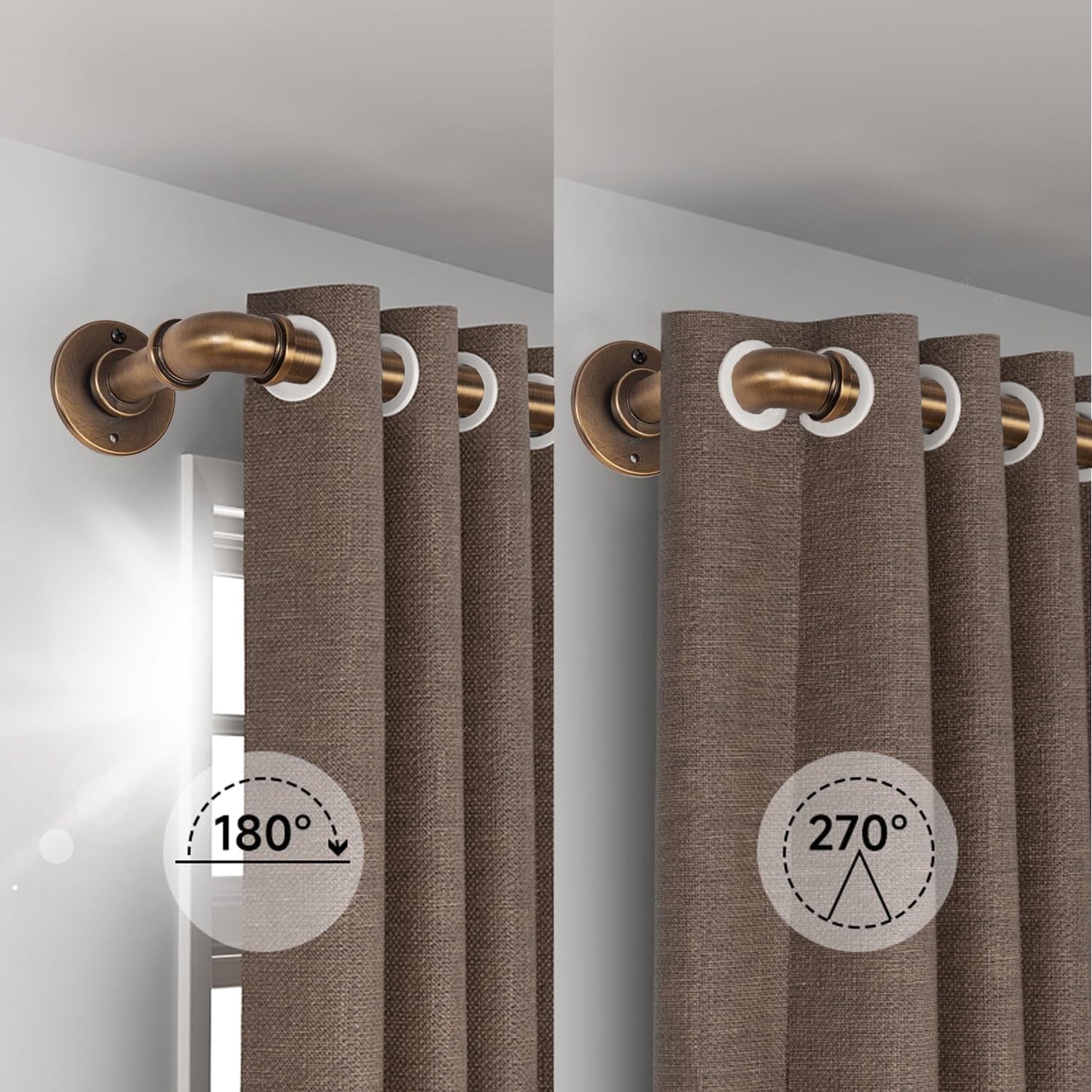 2PCS Industrial Curtain Rods 18 to 88 Inches,Adjustable Length,1 in Diameter Pipe,Wall or Ceiling Mounted,for Bedroom and Living Room(Antique Brass, 18” to 88”2PCS)
