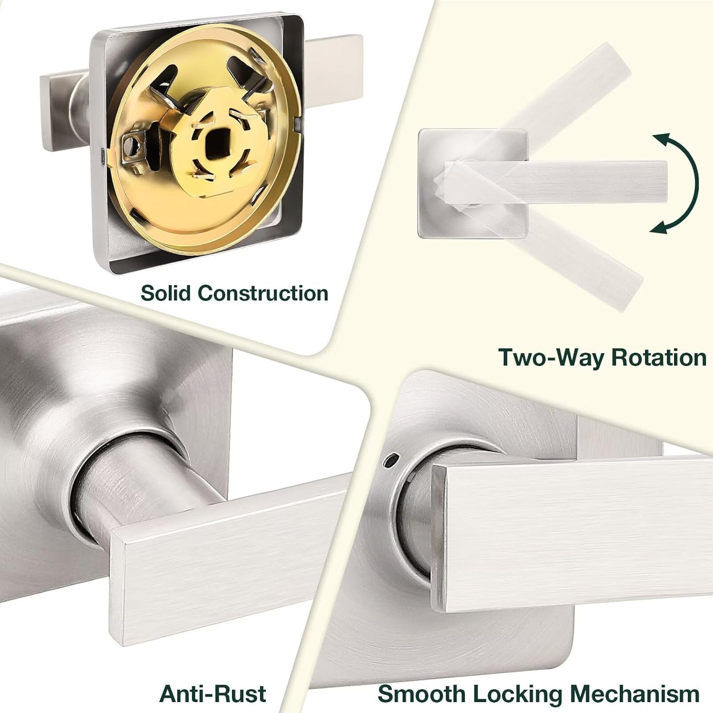 GOBEKOR 3 Pack Passage Door Levers Interior Door Handles with Lock Square Brushed Nickel Locks for Hall Closet