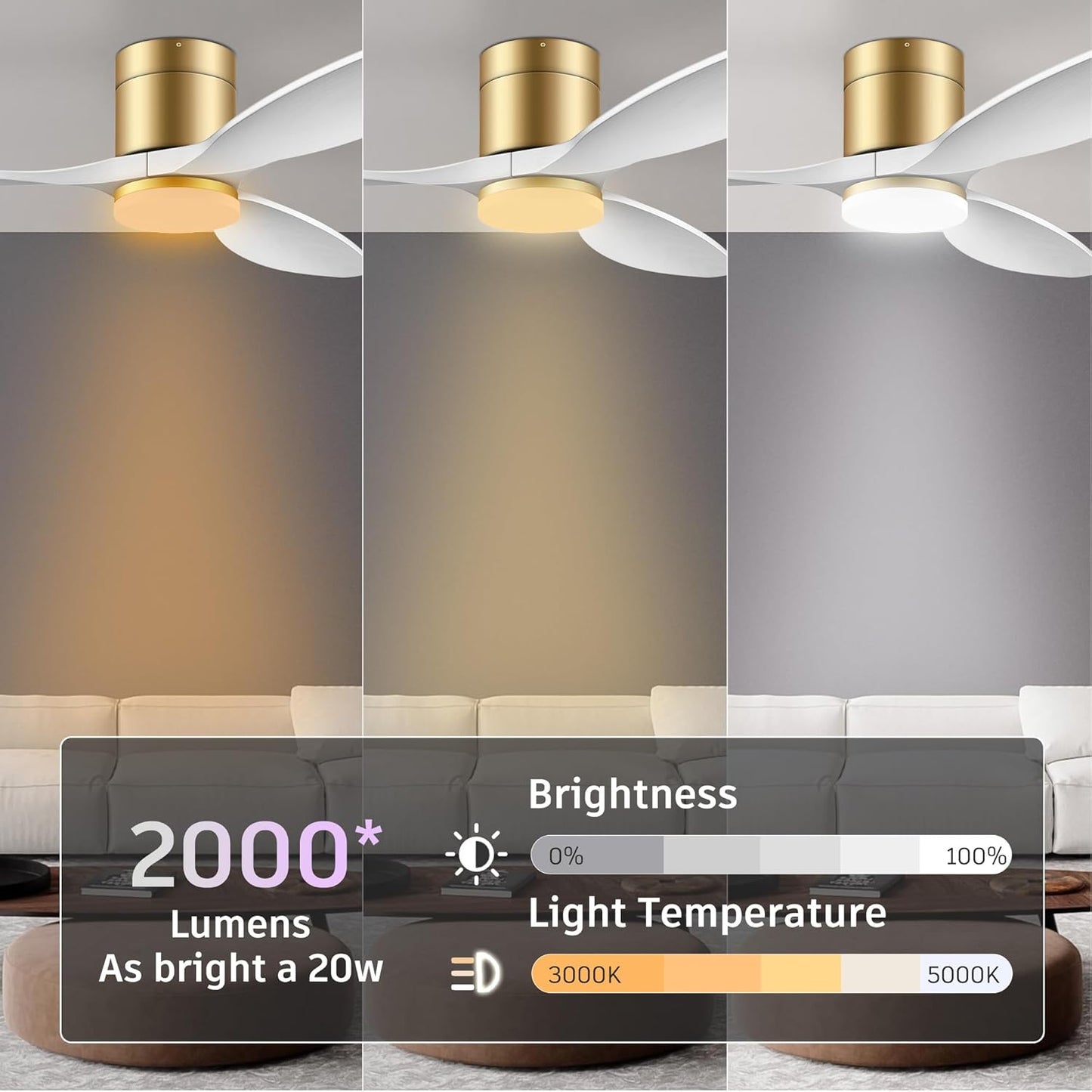 cumilo 52" Smart Ceiling Fans with Remote,Quiet DC Motor,Dimmable,Low Profile Outdoor Indoor Ceiling Fan,Compatible with Alexa Google Voice App,for Modern Flush Mount Bedroom Patio,Gold and White