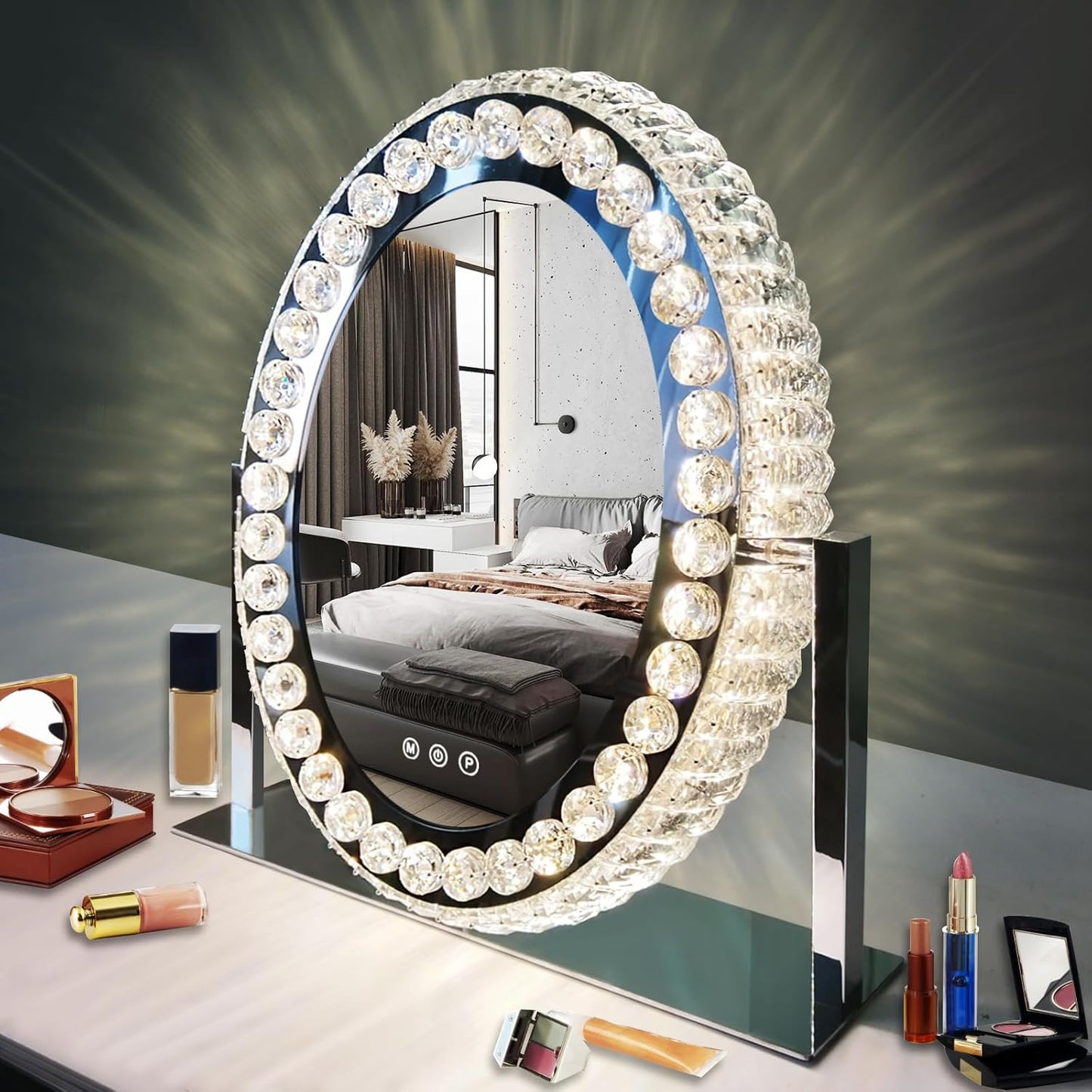 Hollywood Oval Crystal Vanity Mirror with Lights 3 Color Dimmable Large Oval Crystal Lighted Makeup Mirror for Tabletop Desk Vanity Mirror with Lights 360°Rotation Smart Crystal Oval LED Makeup Mirror