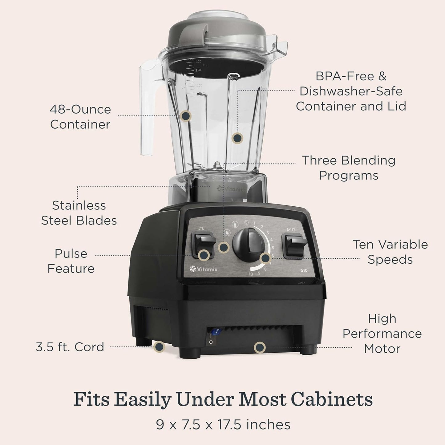 Vitamix Propel Series 510 Blender with Three Blending Programs, Professional-Grade Blender for Smoothies and More, Stainless-Steel Blades, Self-Cleaning Kitchen Appliance, 48 Oz Container, Slate