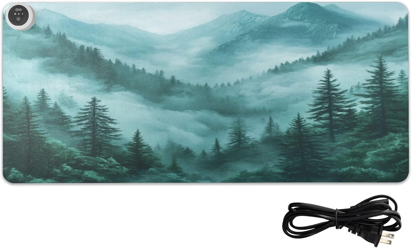 Heated Desk Pad Mouse Pad 31.5x13 Inch PU Leather Desk Mat with 3 Heat Levels Large Mouse Gaming Computer Laptop Mat Foggy Green Mountains and Pine Trees