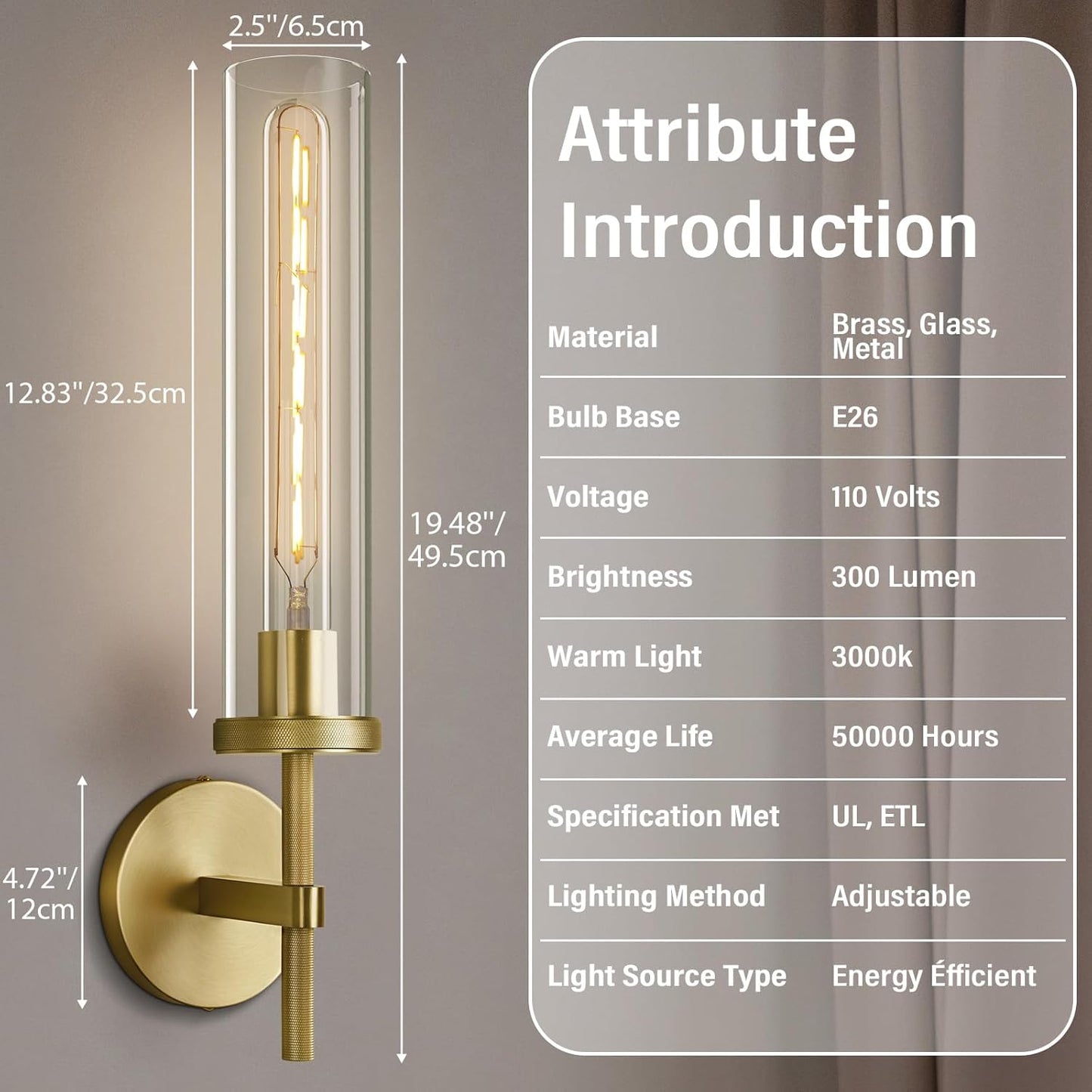 Gold Wall Sconces Set of Two, 19.48" Knurled Gold Wall Lighting with Glass Tube, Modern Brass Sconces Wall Lamp for Bedroom Living Room Bathroom Hallway Staircase & Vanity Mirror(Including Bulb)