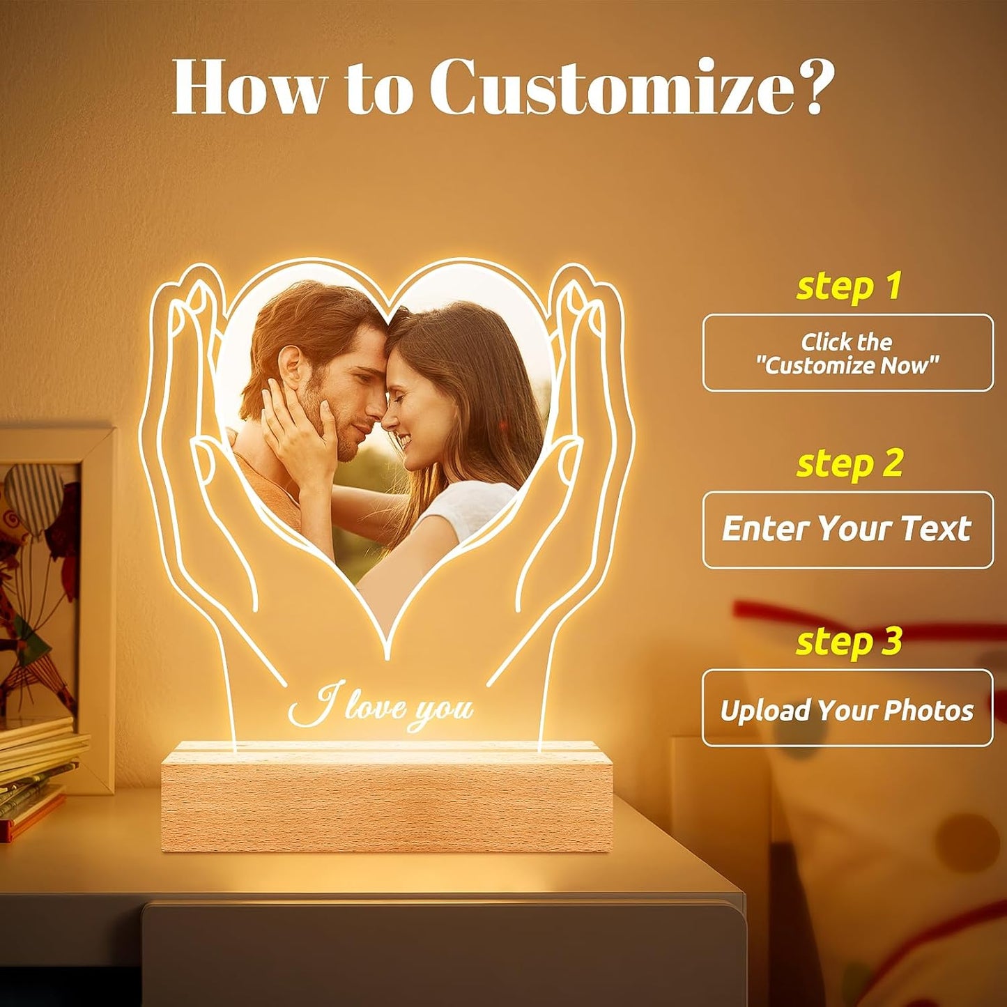 Personalized Picture Frame with Photo, Customized Photo Frame with Night Light, Custom Picture Frames, Personalized Anniversary Valentines Day Gifts for Women Men Her Him Girlfriend Boyfriend Couple