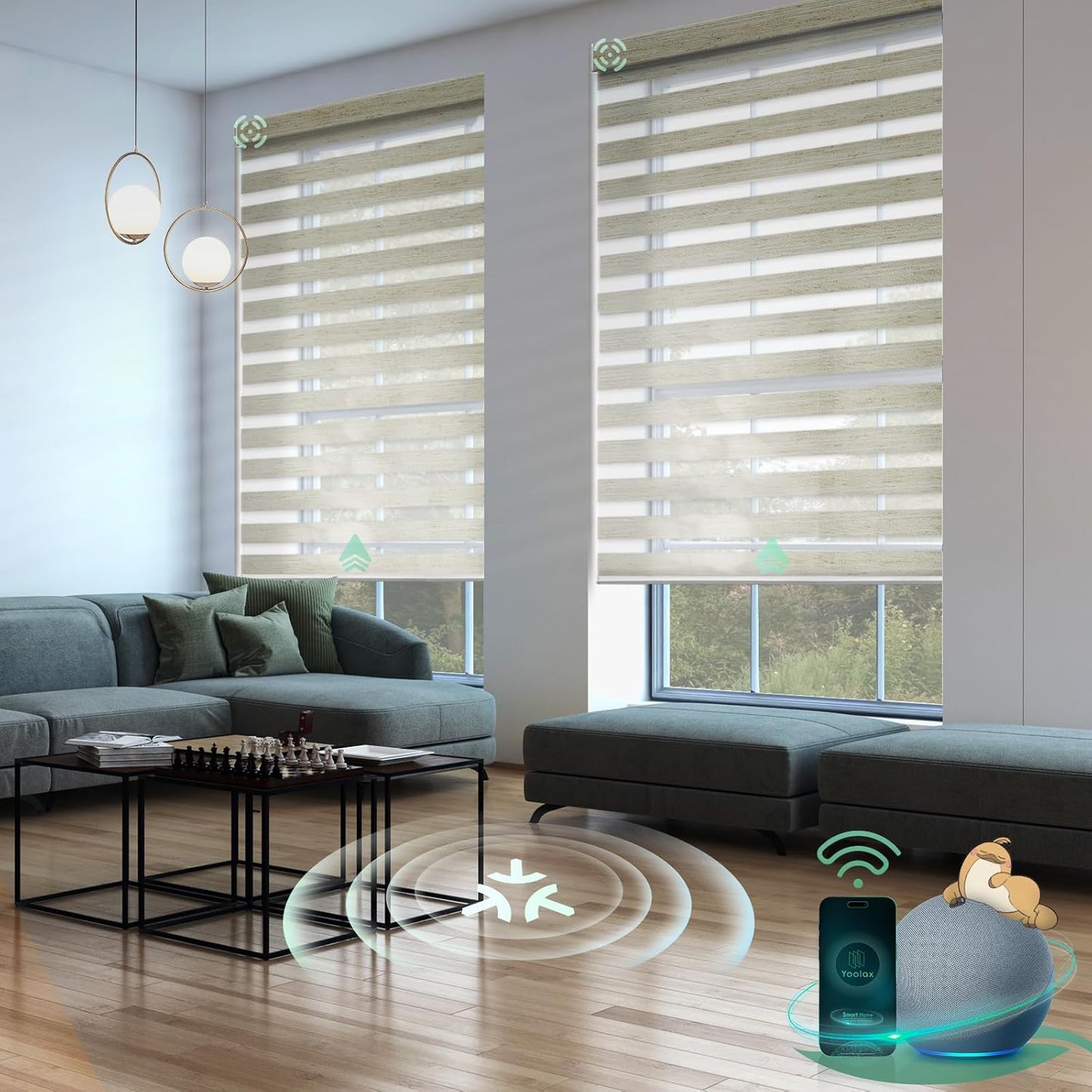 Yoolax Motorized Matter Zebra Blinds Compatible with Alexa, Google Home, Apple HomeKit, Light Filtering Dual Layer Sheer Blinds, Privacy Light Control Horizontal Window Blind (75% Jungle Linen)