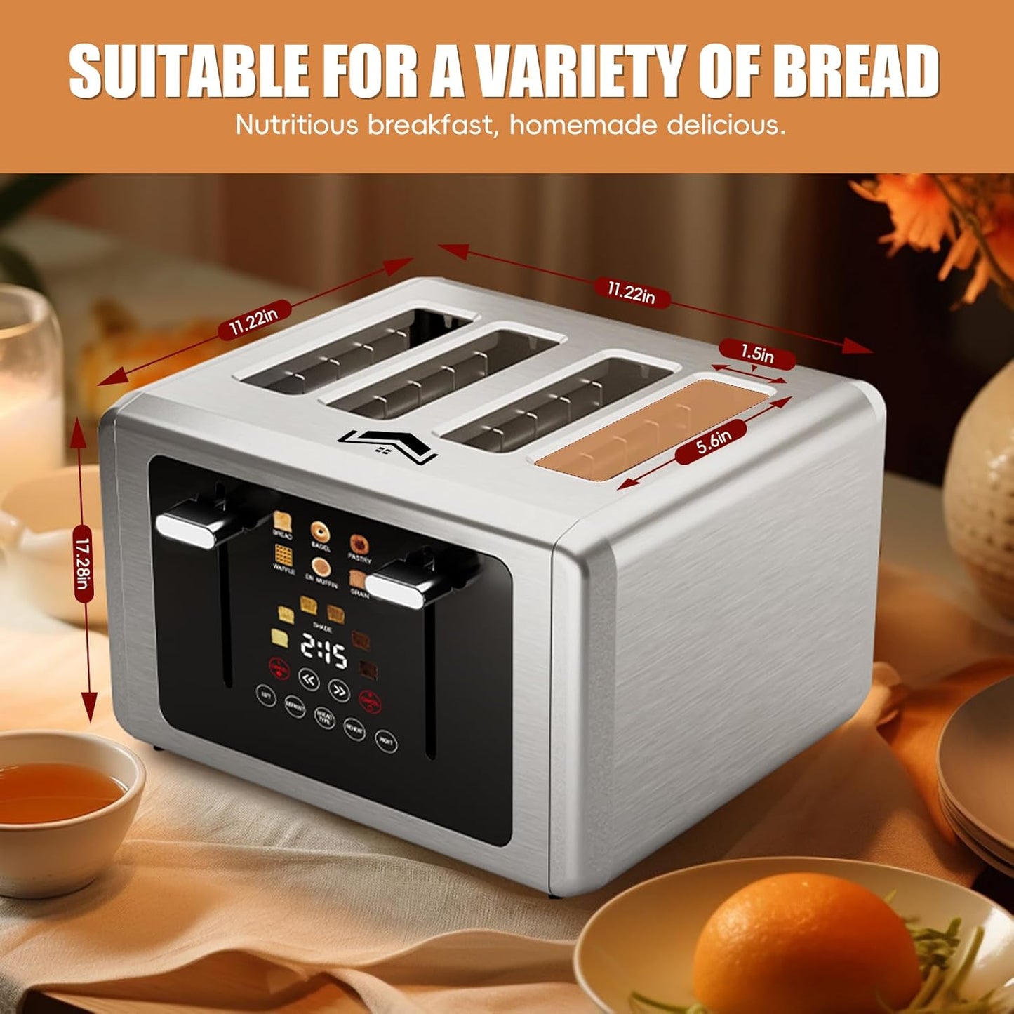 4 Slice Toaster, Touchscreen & Dual Independent Control Panel，5 Basic Functions & Digital Countdown Toasters, 6 Shade Settings＆6 Bread Types, Smart Bread Maker Mute/Screen-Off,Stainless steel
