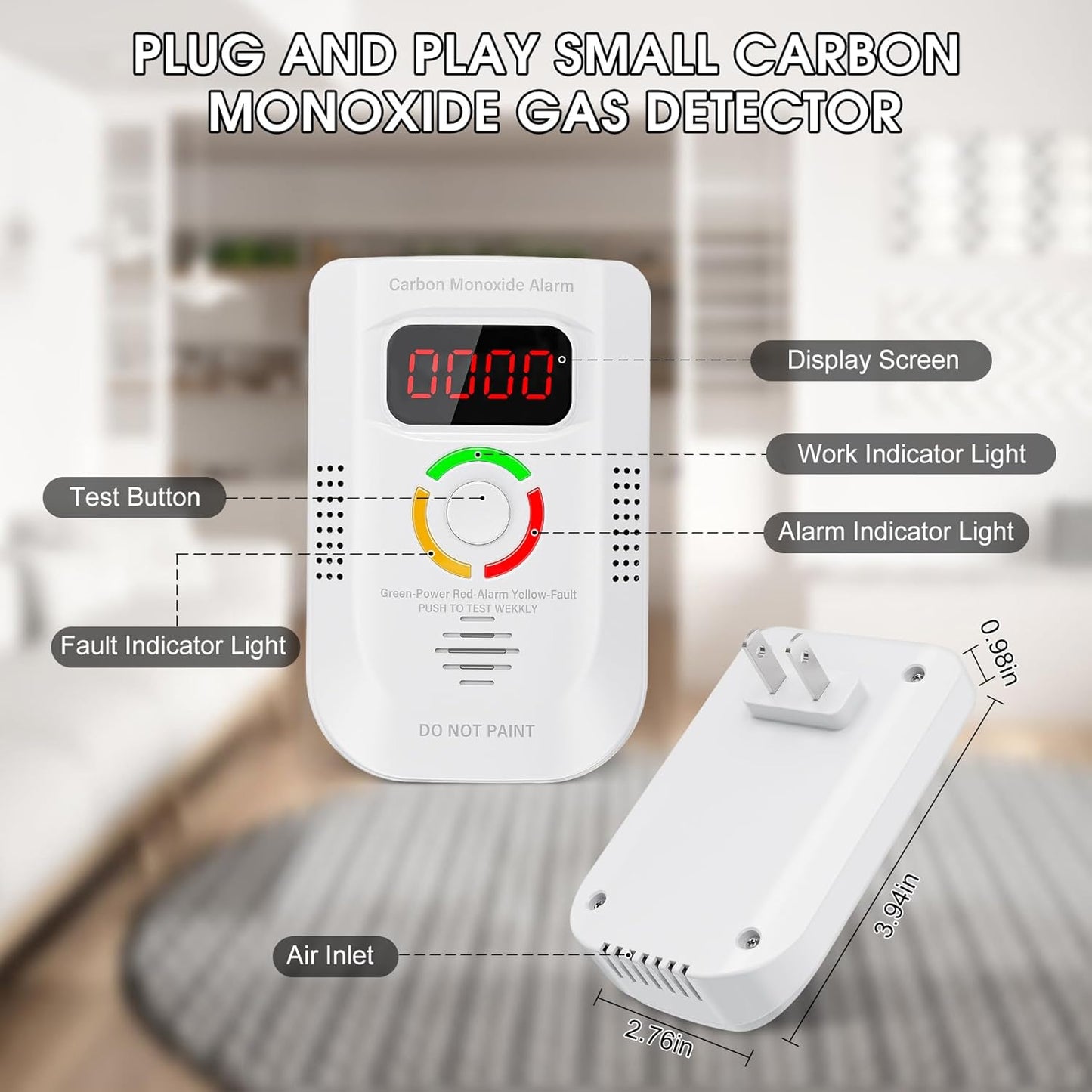 Carbon Monoxide Detectors Plug in, Carbon Monoxide Alarm with Digital Display LED, Portable CO Detector with Audible and Visual Alarm Test Mute Button, CO Alarm Monitor for Home/Kitchen/Hotel