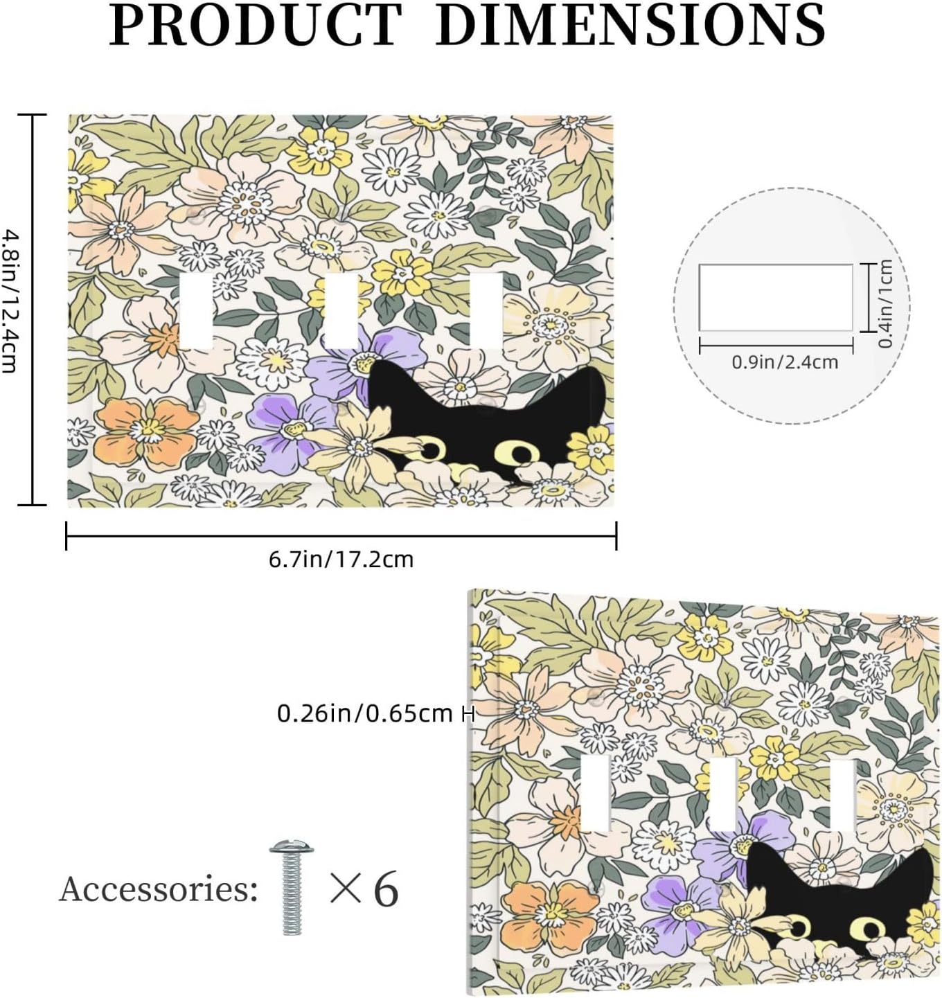 Decorative Light Switch Plate Covers Cute Black Cat in a Flower Patch Botanical Garden 3 Gang Artistic Wall Plate Unique Triple Toggle Light Switch Covers for Bedroom Home Decor