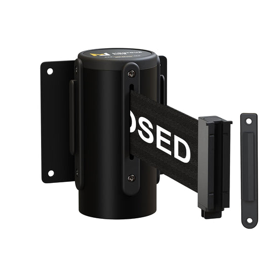 CCW Series WMB-120 Fixed Wall Mount Retractable Belt Barrier 11 Foot with Steel Case (11 Foot, Black"This LINE is Closed" Belt with Black Steel Case)